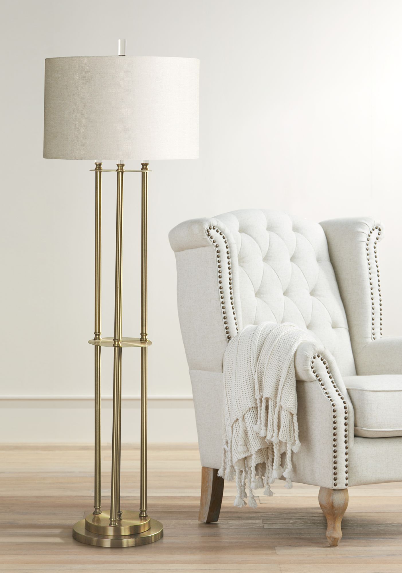 Brass Column Floor Lamp with Taupe Fabric Shade