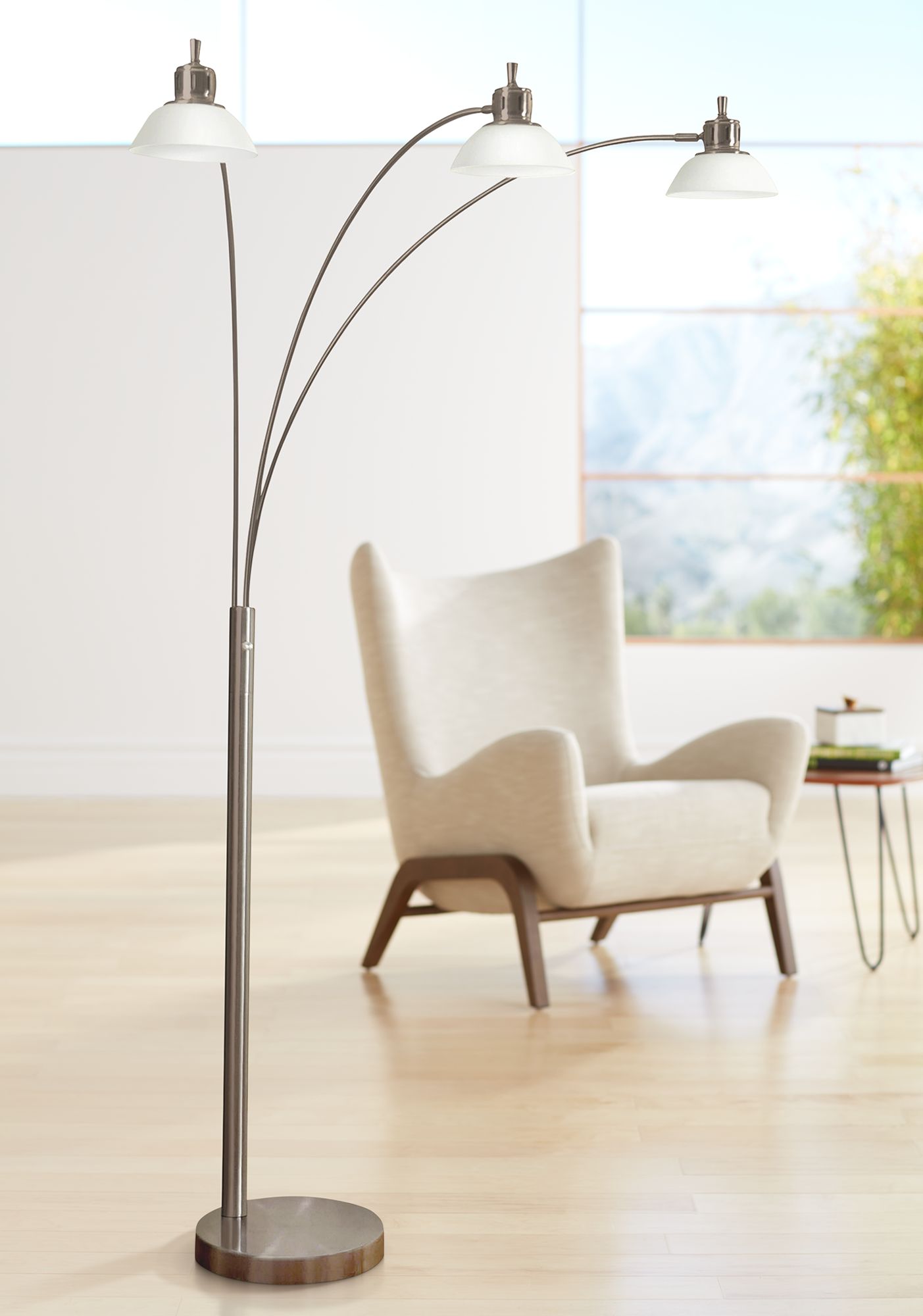 Brushed Steel 3-Light LED Arc Floor Lamp with Glass Shades
