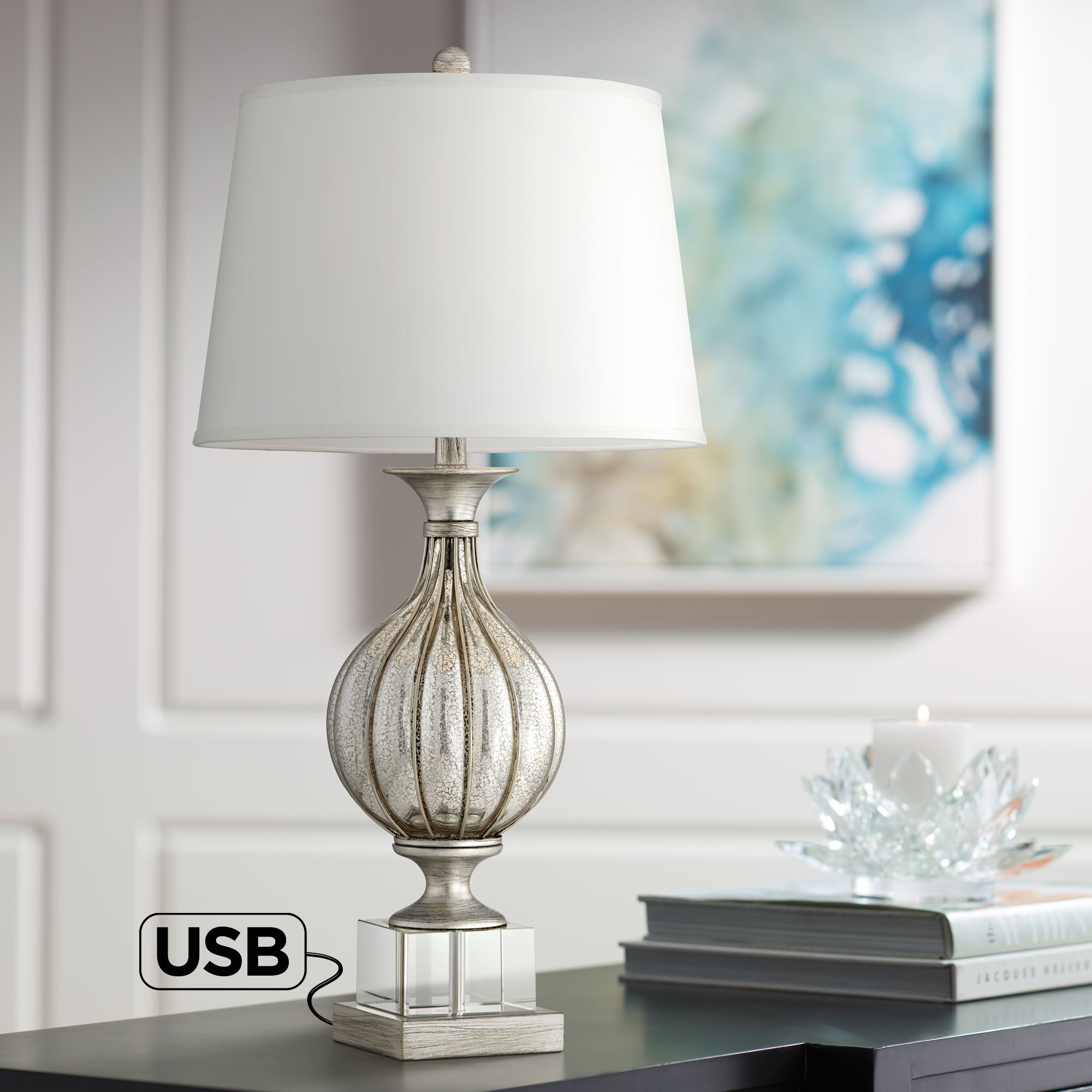 Alexandra Silver Mercure Glass Table Lamp with USB Port