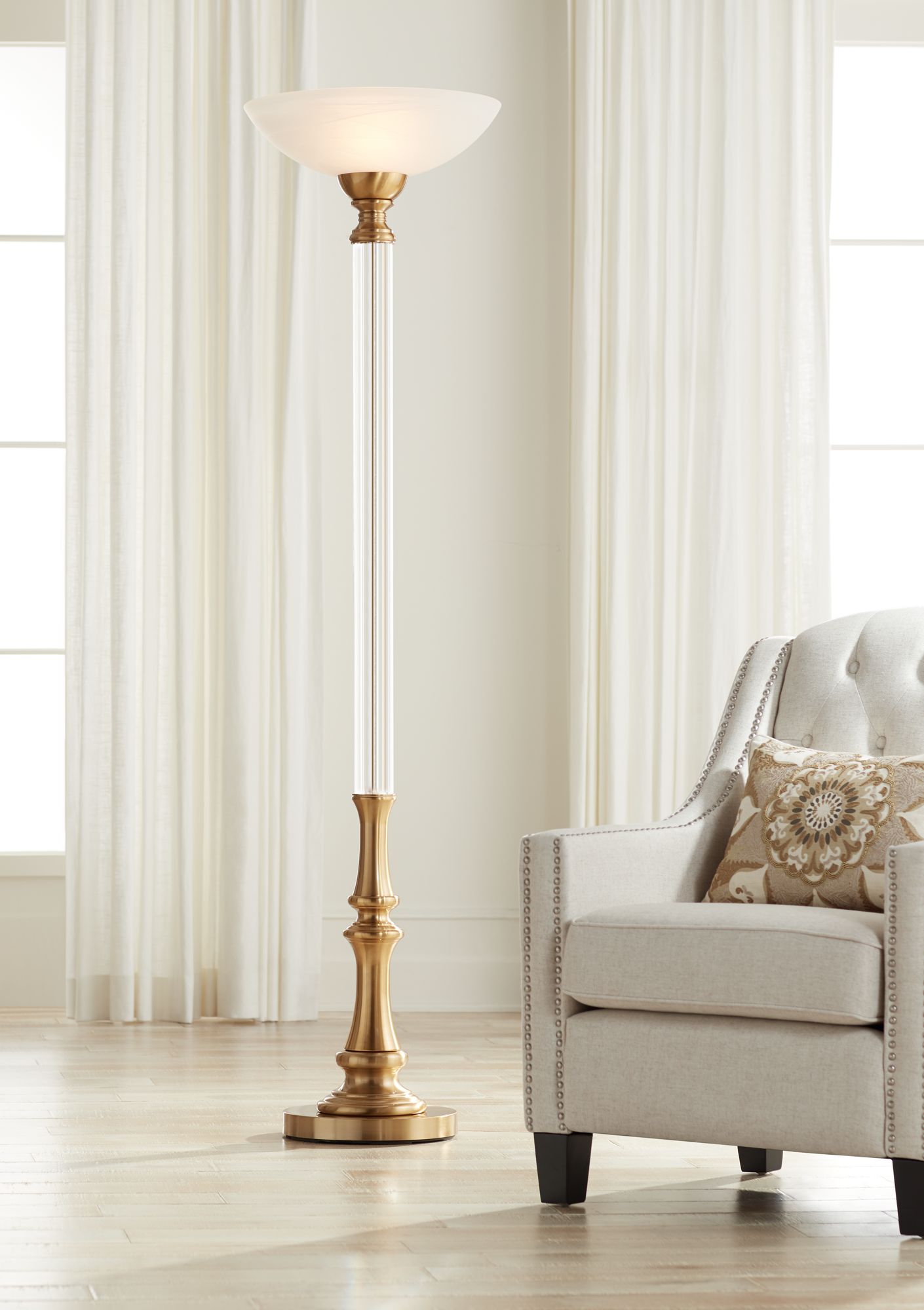 Rolland Warm Antique Brass and Crystal Torchiere Floor Lamp