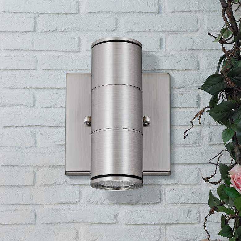Metro 6 3/4&quot; High Brushed Nickel Dual LED Outdoor Wall Light