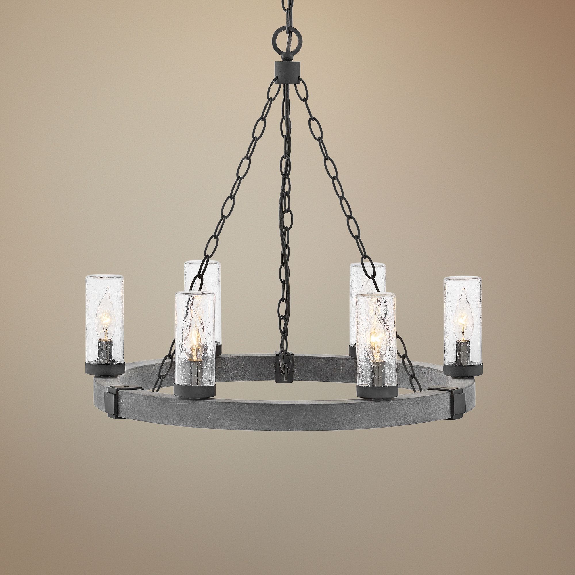 Sawyer 24" Wide Aged Zinc Wagon Wheel Outdoor Chandelier