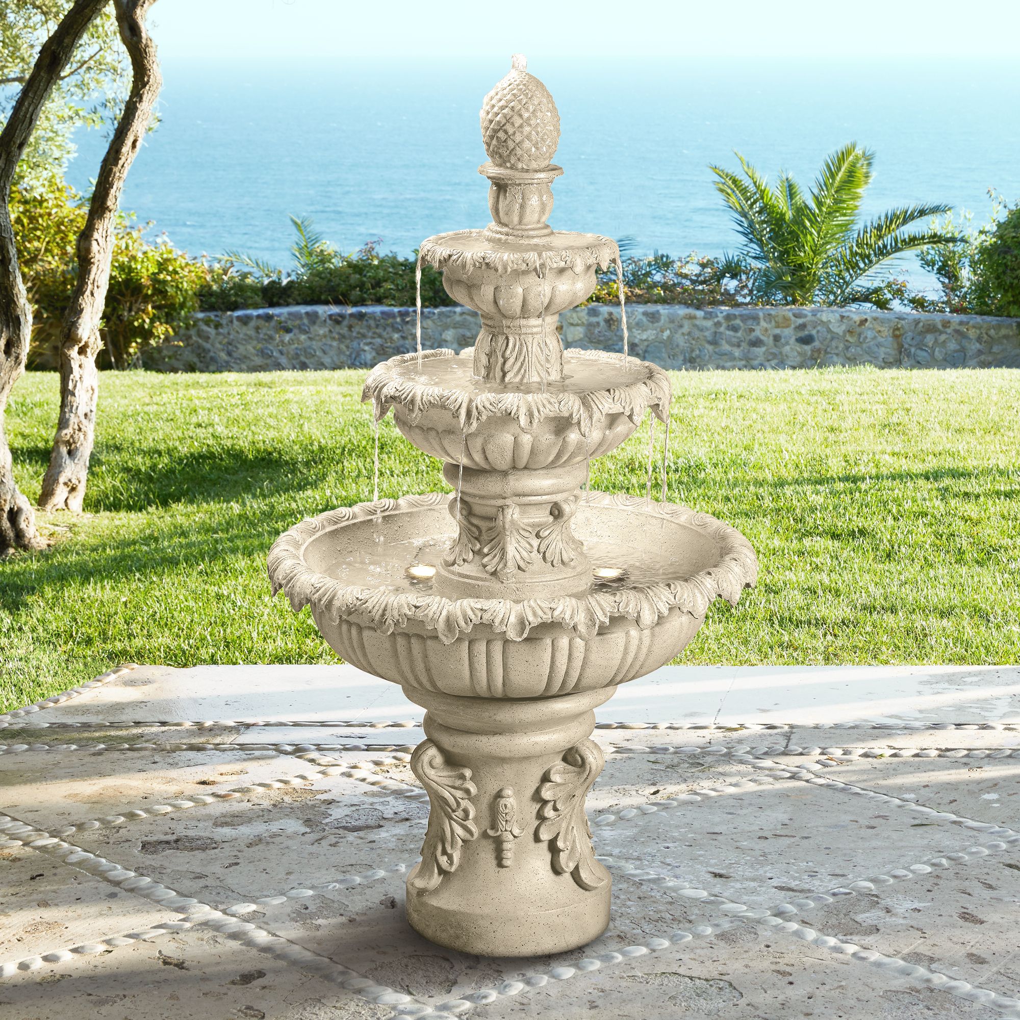 Ibiza 45" High 3-Tiered Sandstone Garden Fountain with Light