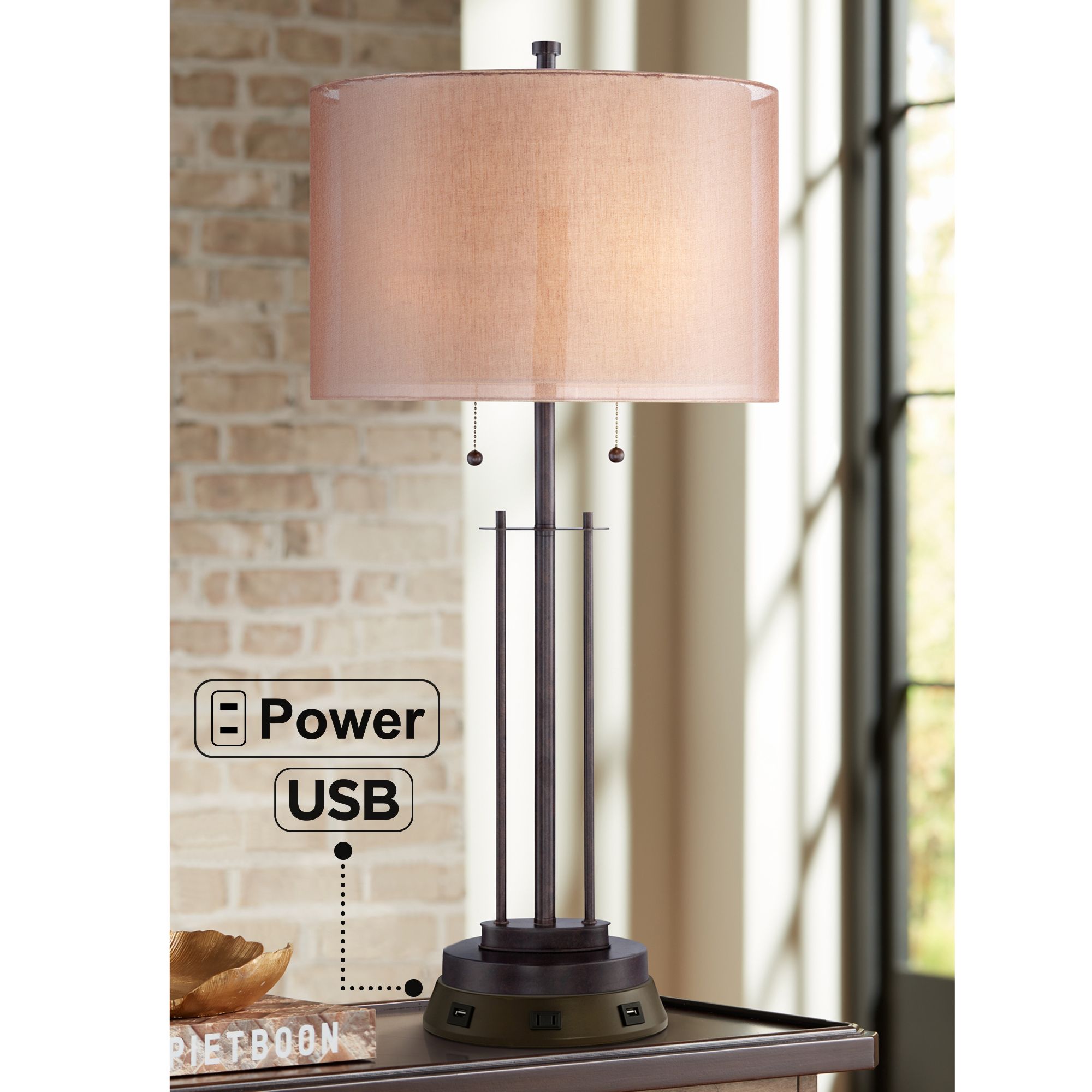 Howell Double Shade Bronze Table Lamp with USB Workstation Base