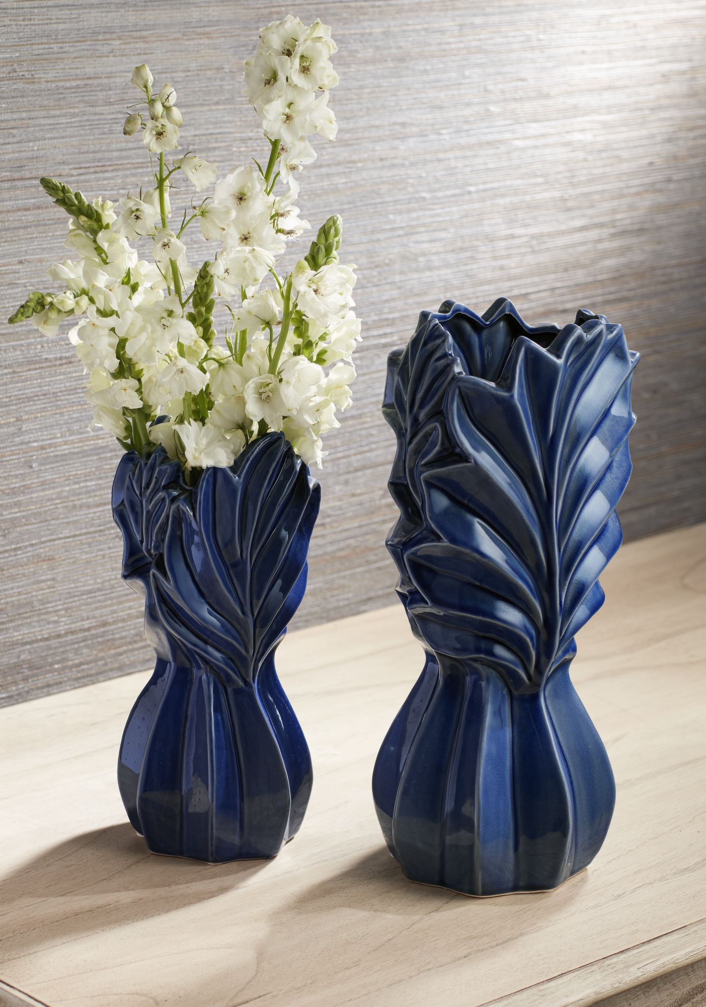 Leaf Dark Blue Modern Ceramic Jar Vases Set of 2 66K76 Lamps Plus