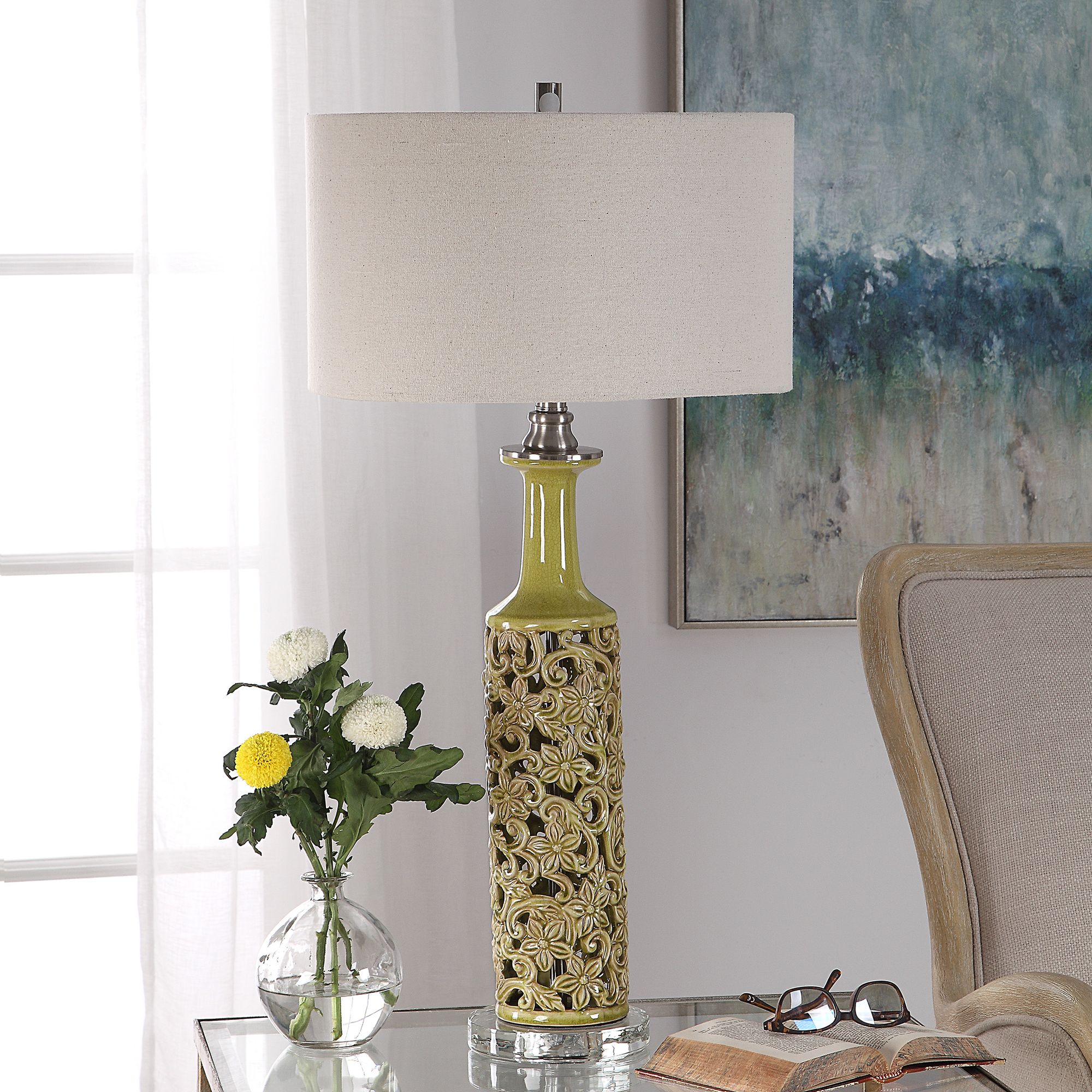 Uttermost Nellie Yellow And Green Glaze Ceramic Table Lamp