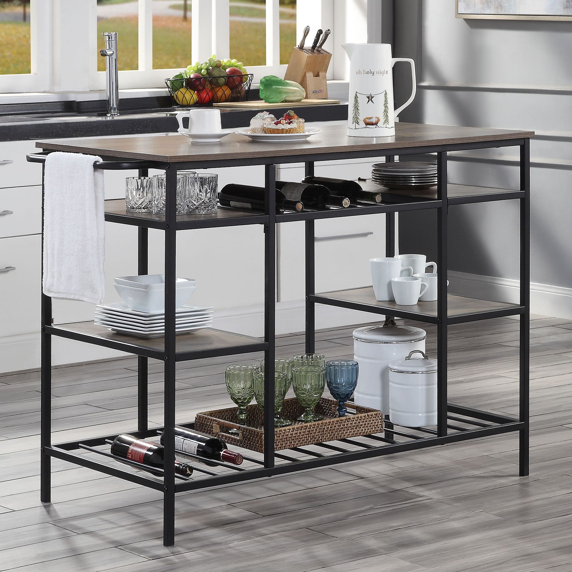 Lona 47" Wide Rustic Oak and Black 6-Shelf Kitchen Island