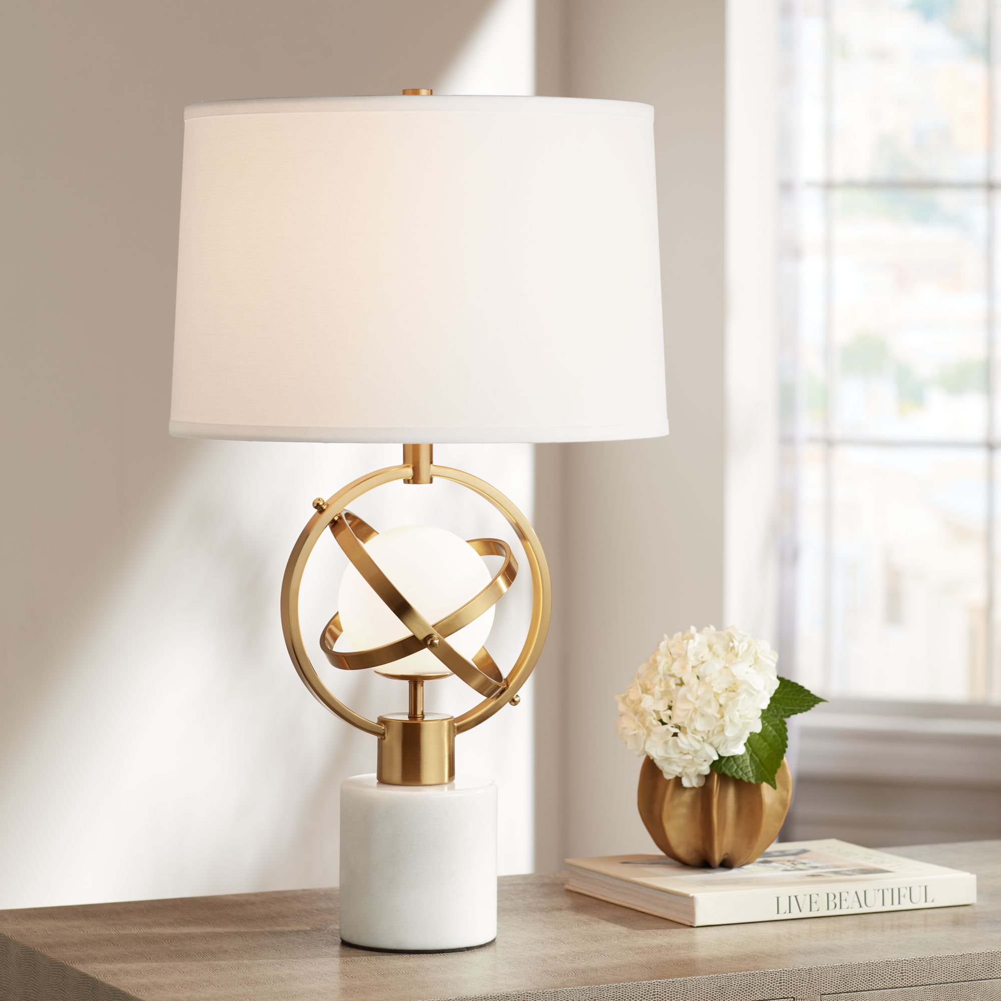 Possini Euro Halley Marble and Gold Astro Globe Table Lamp with Night