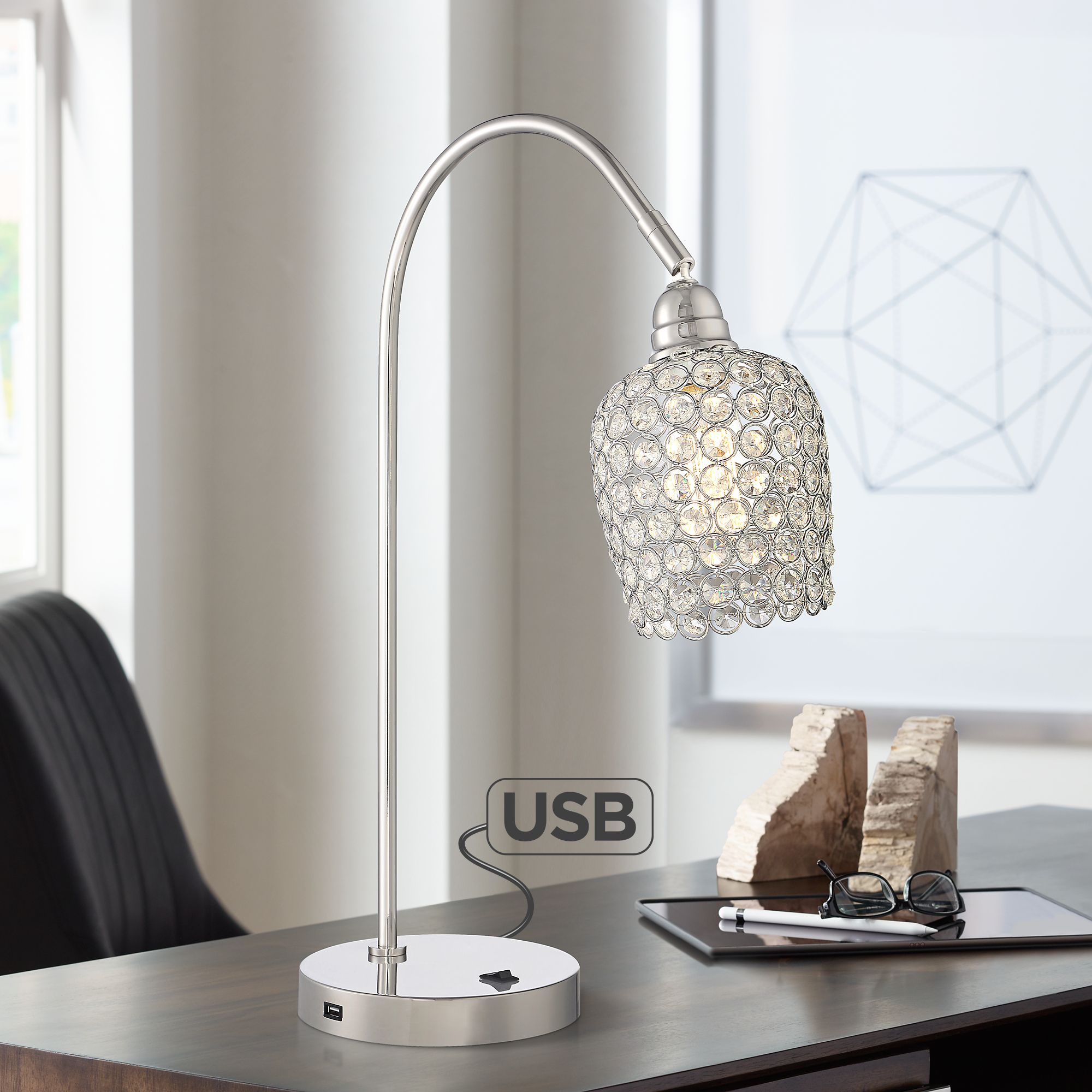 Erin Polished Nickel Beaded Crystal Desk Lamp with USB Port