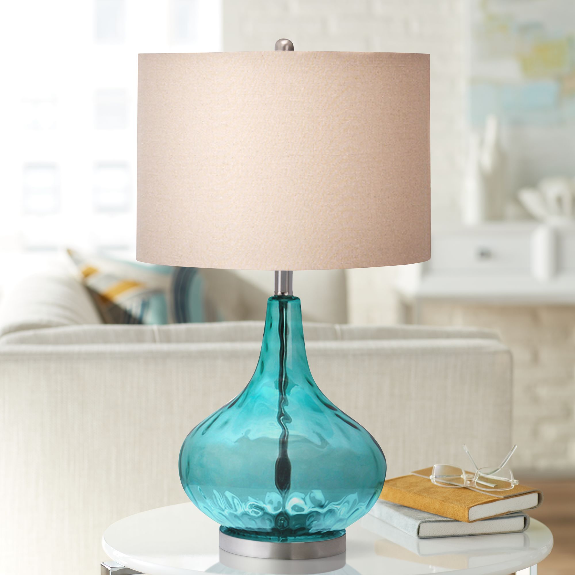 Jasmine Blue Thumbprint Glass Gourd LED Table Lamp