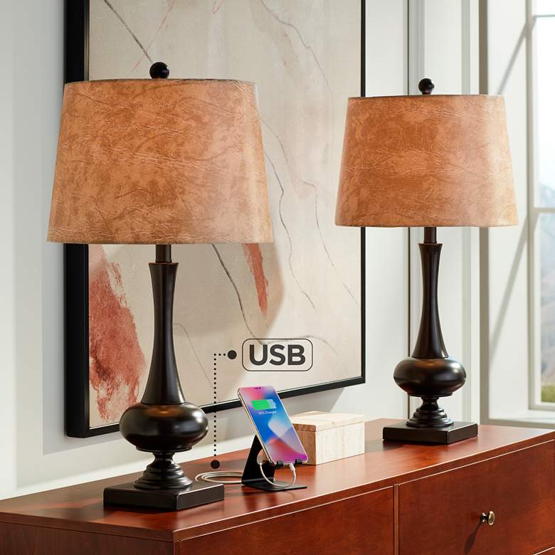 Ross Bronze Metal Table Lamps with USB Ports Set of 2 67E18 Lamps Plus