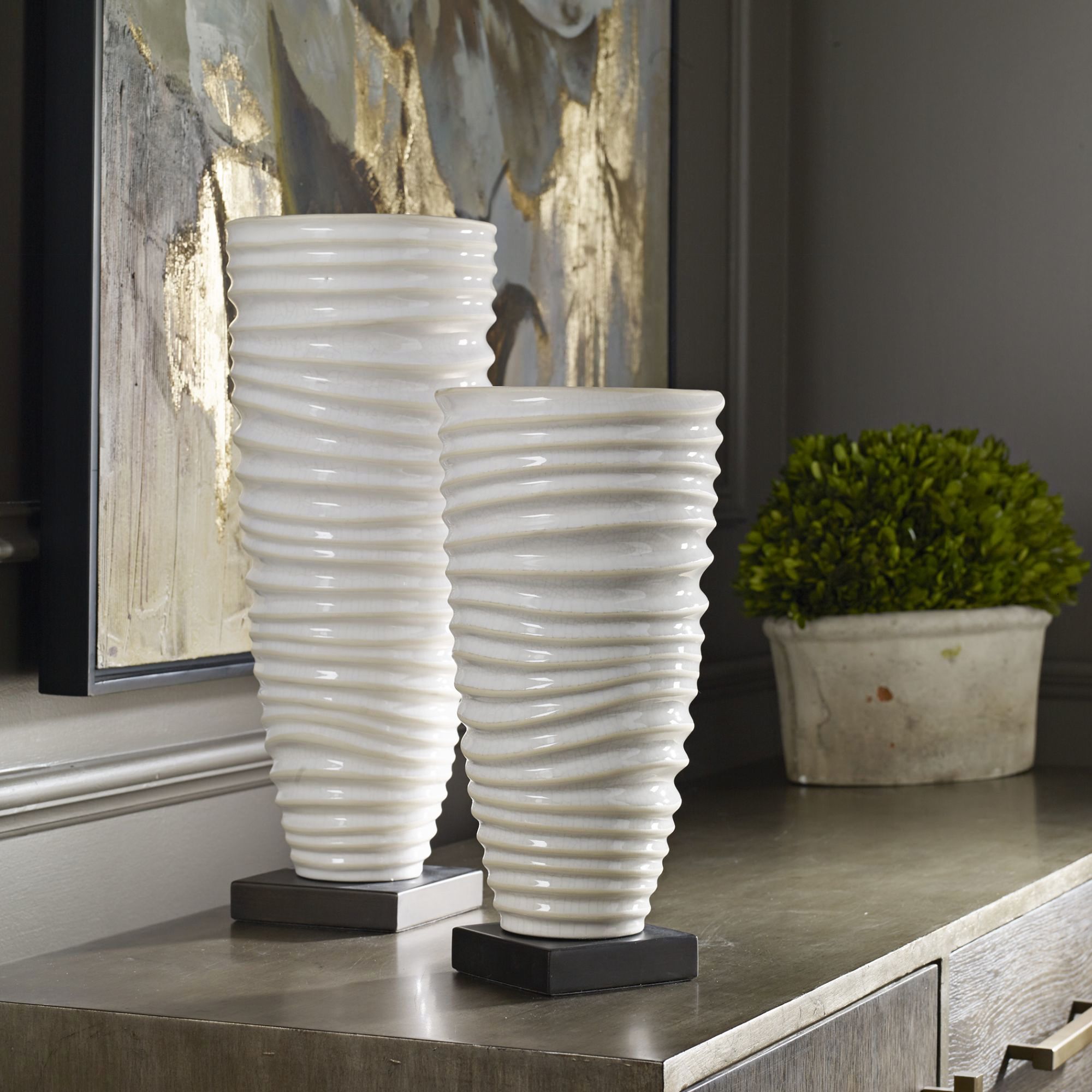 Kiera Ribbed and Crackled Aged Ivory Ceramic Vases Set of 2