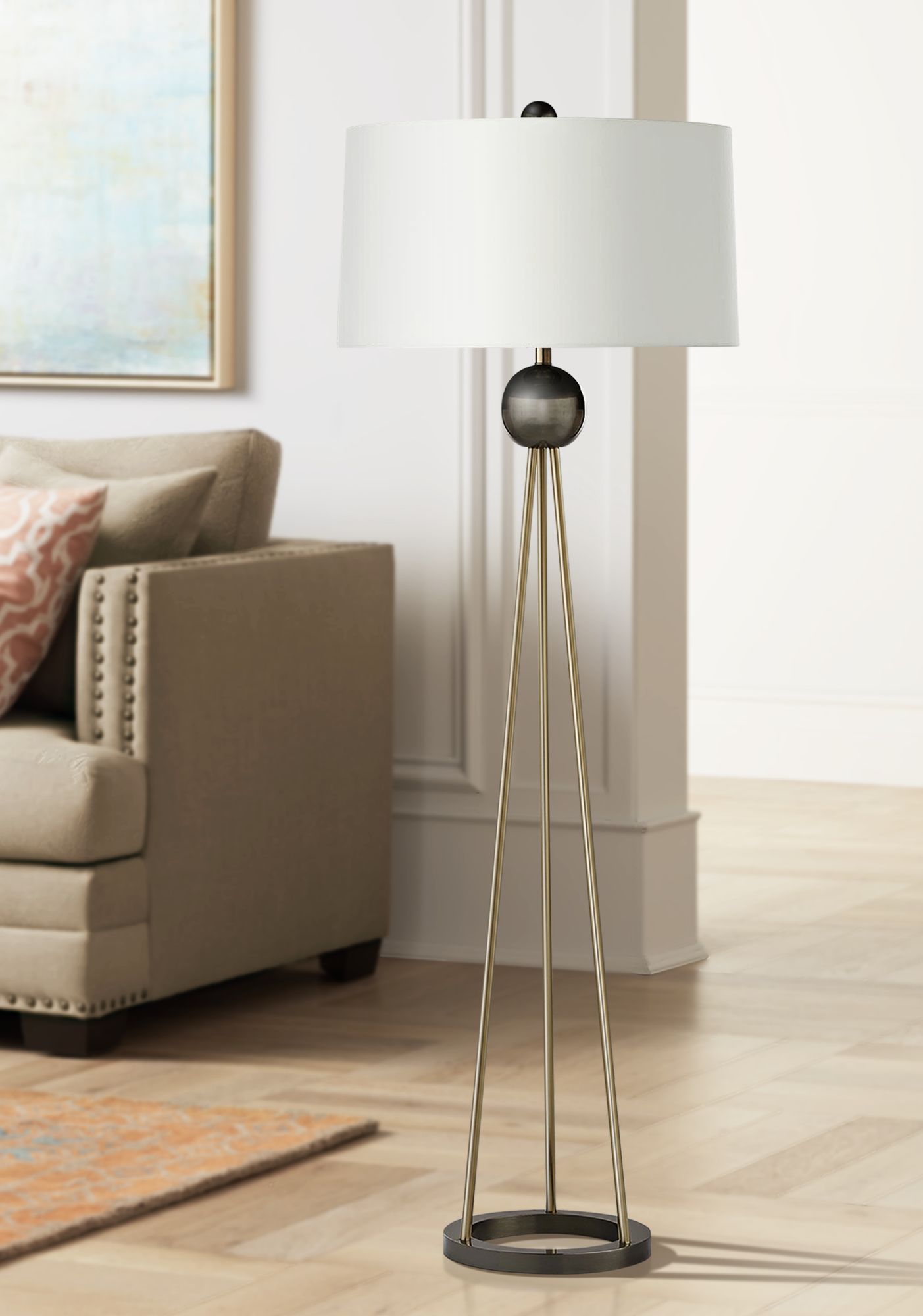 Hadley Pale Brass Tripod Metal Floor Lamp with Ivory Shade