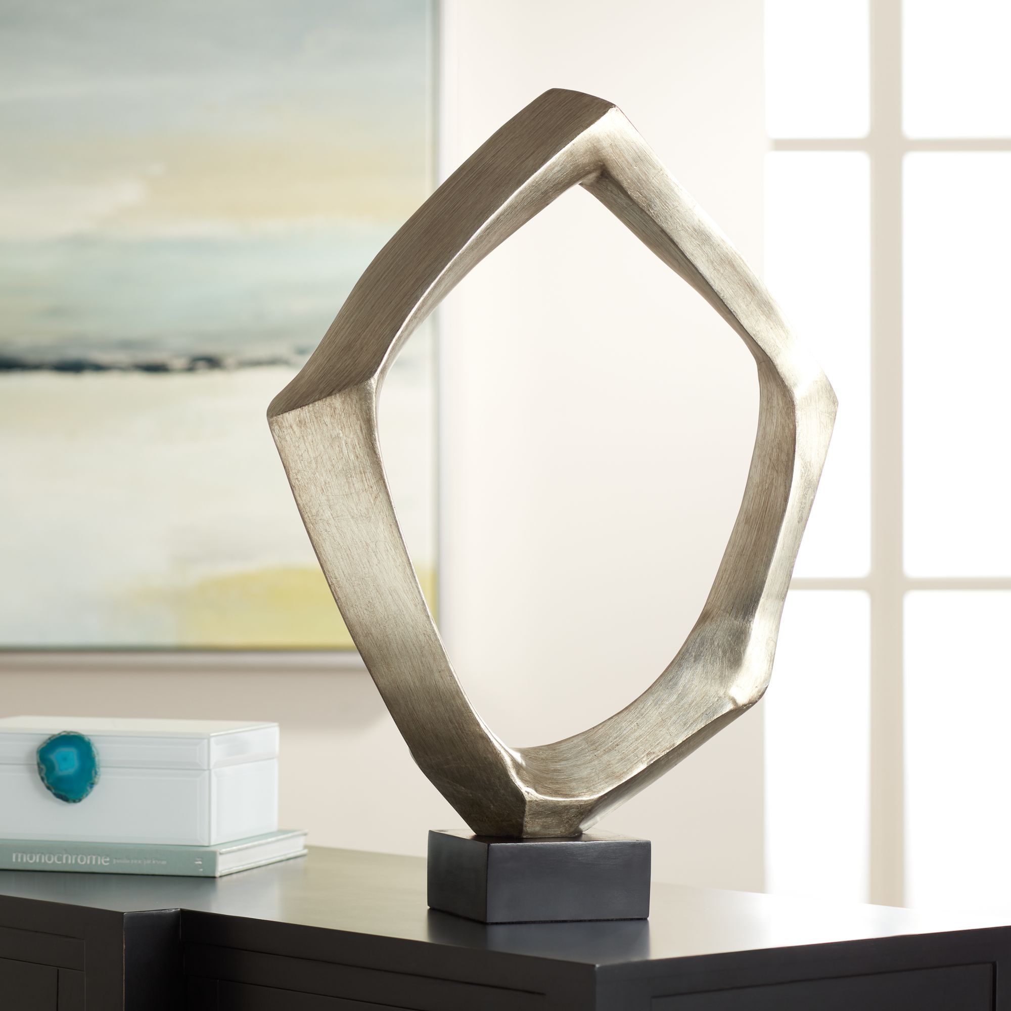 Abstract 23 3/4" High Silver Leaf "O" Sculpture