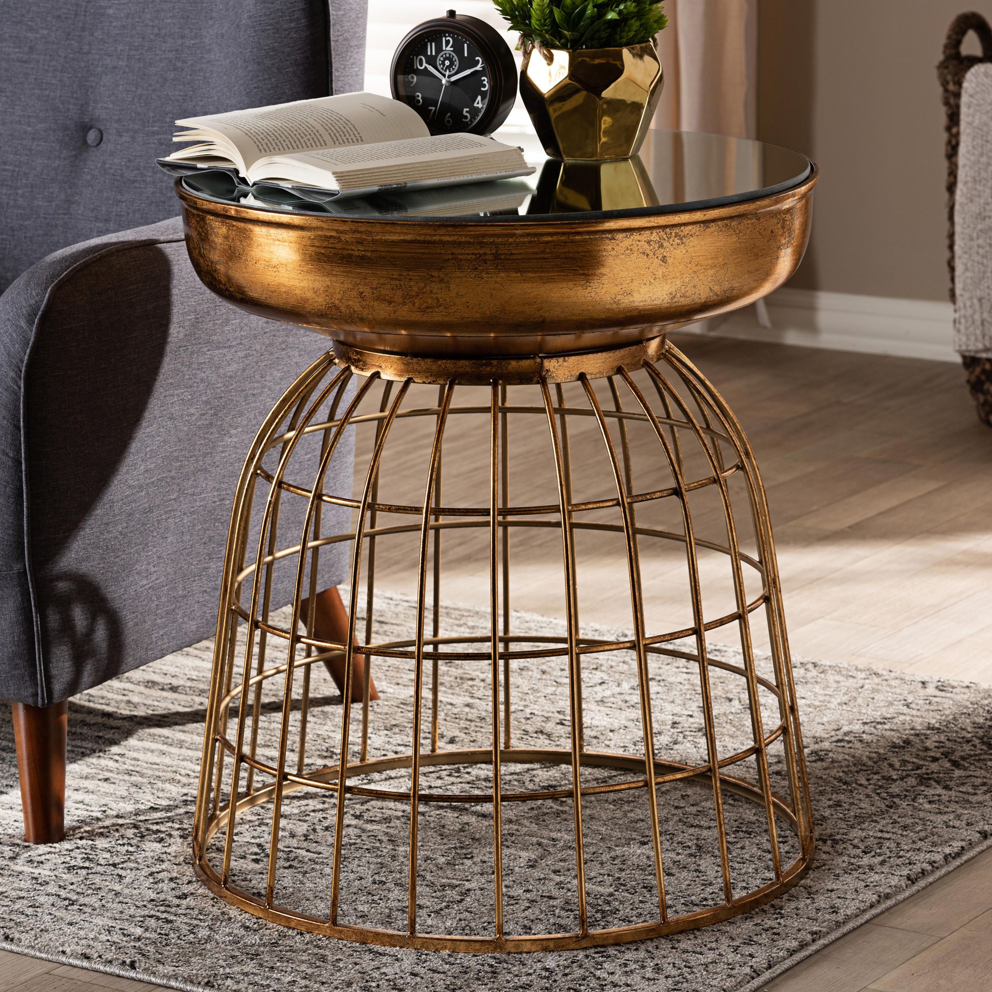 Baxton Studio Andreia Antique Gold Cage Mirror Accent Table