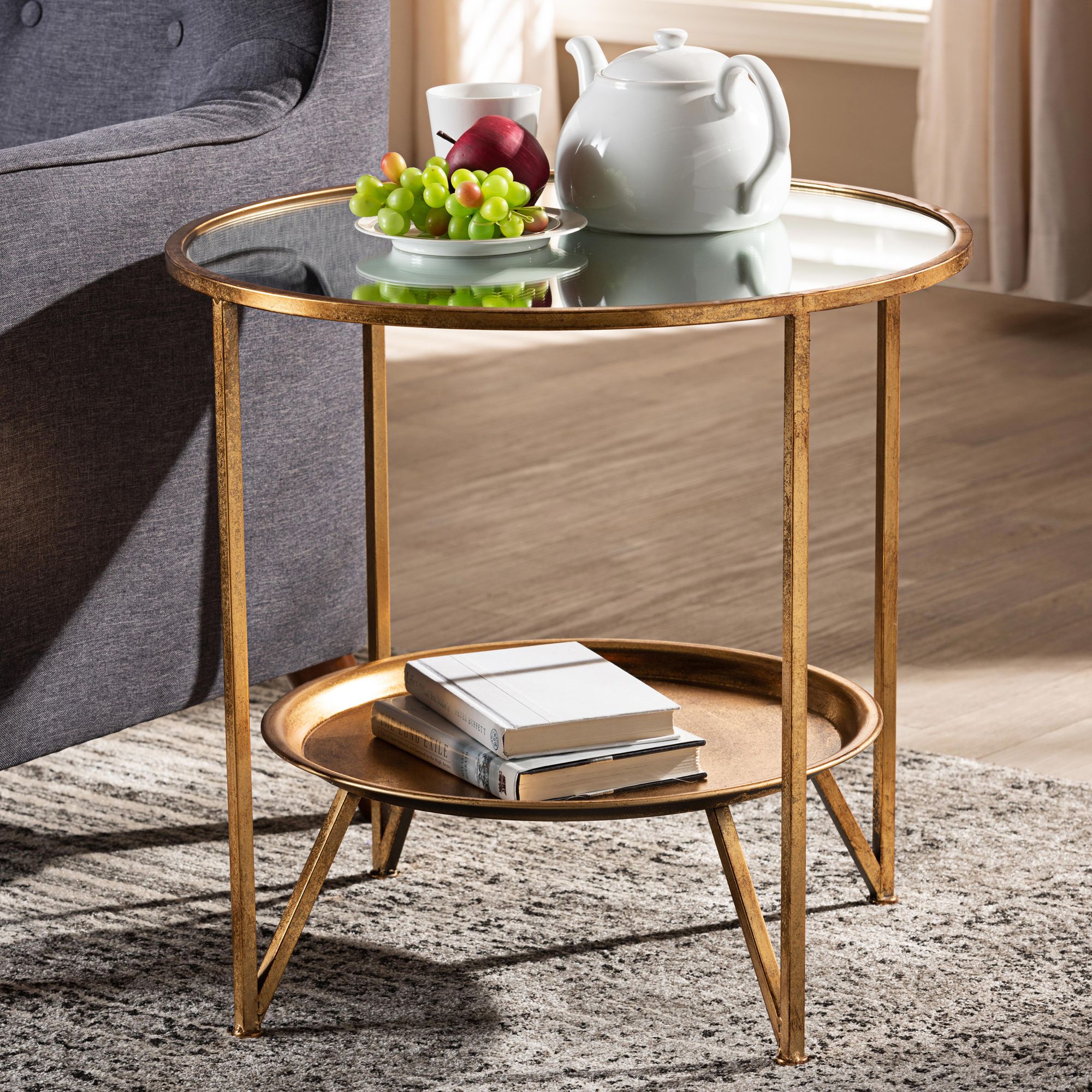 Tamsin Antique Gold Mirrored Top Accent Table w/ Tray Shelf