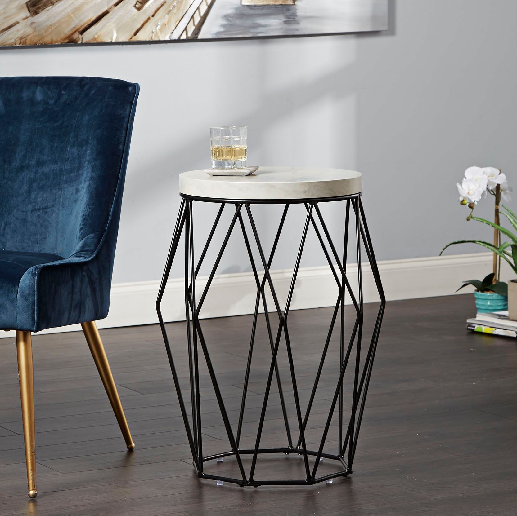 Bellewood Black Open Basket with Faux Marble Accent Table