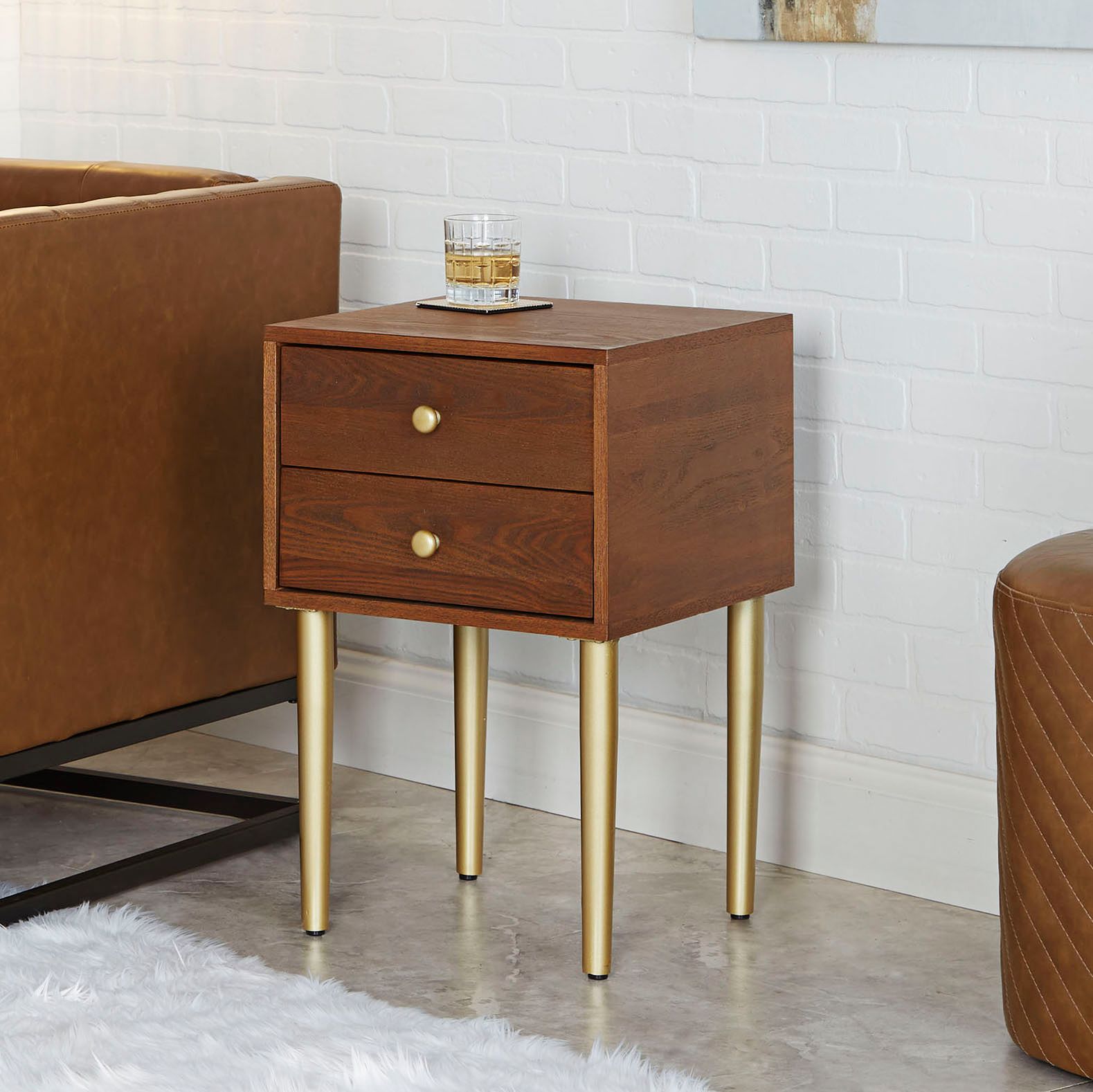Hepburn 15 3/4" Wide Walnut 2-Drawer Modern Side Table