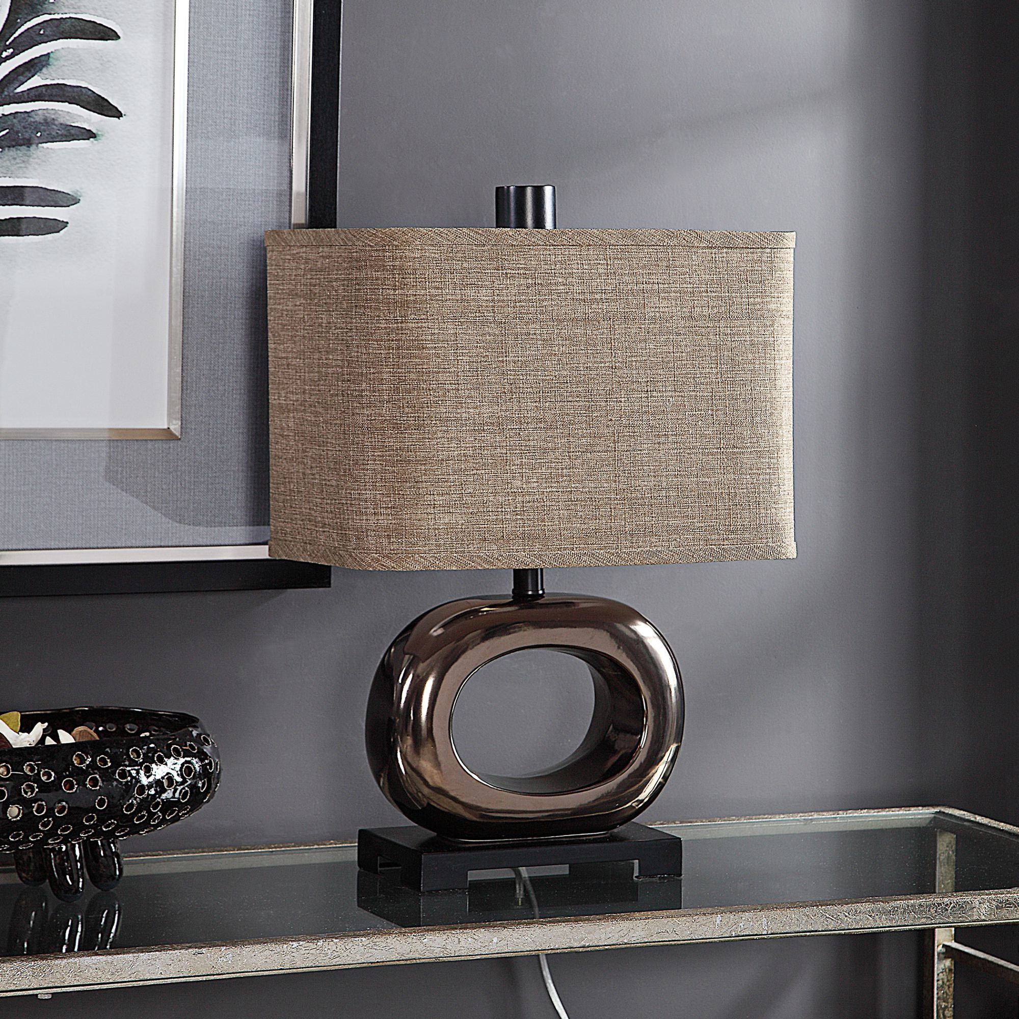 Feldman Metallic Bronze Glaze Circular Ceramic Table Lamp