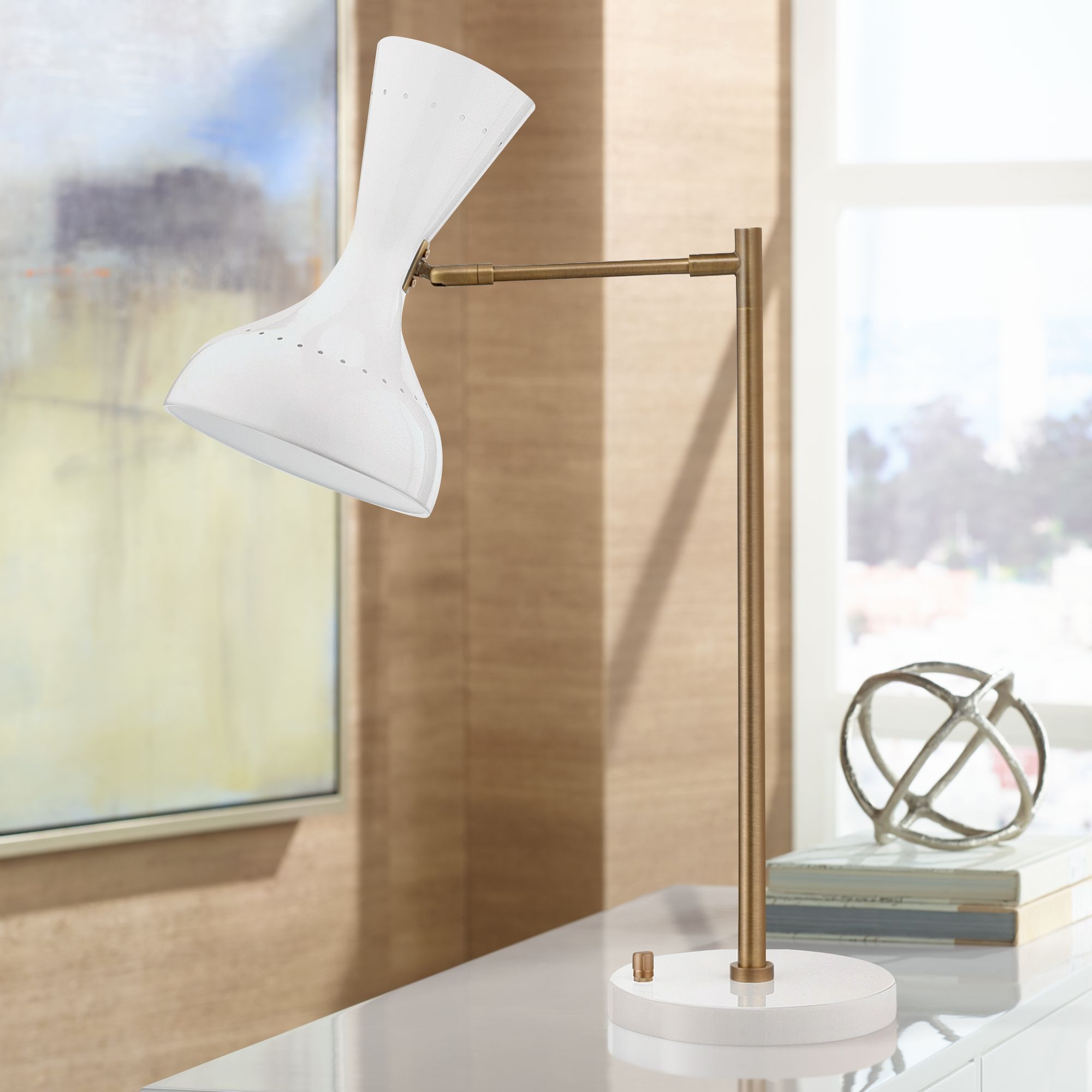 Pisa White Lacquer and Antique Brass 2-Directional Desk Lamp