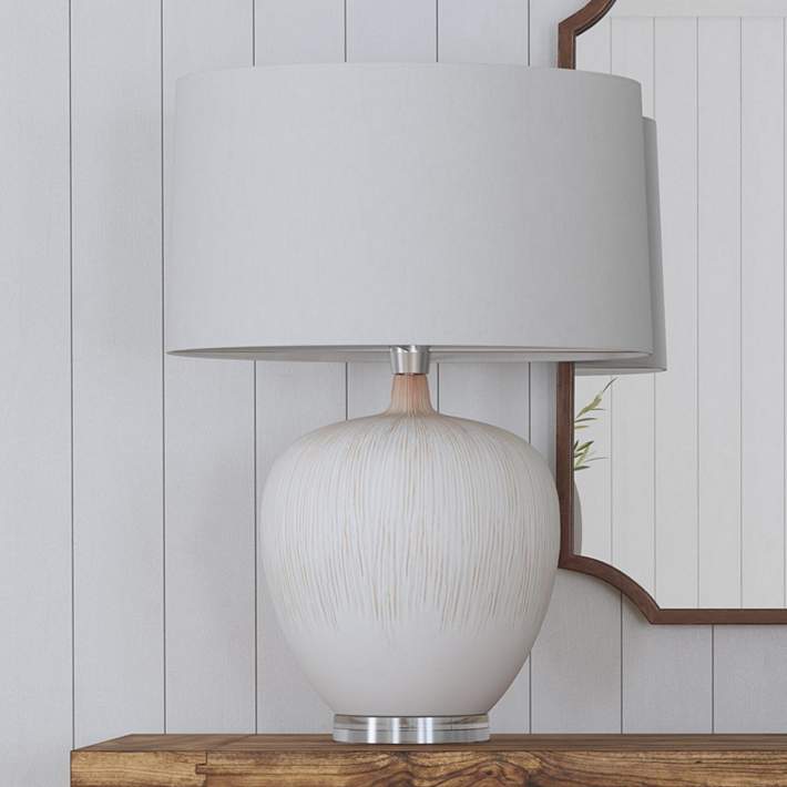 Arcadia Beige Grooved Ceramic Vase Led, Jamon Beige Ceramic Table Lamp