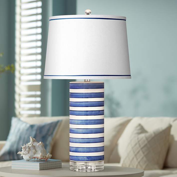 Regatta Stripe Blue And White, White Cylindrical Table Lamp