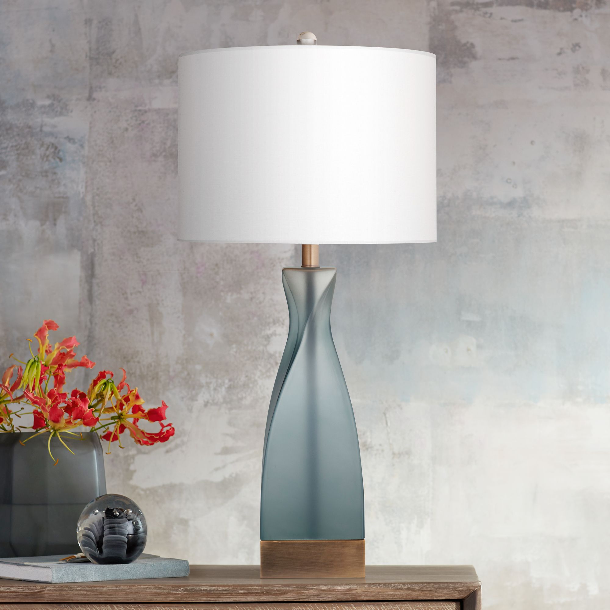 Anthea Frosted Blue Glass with Antique Bronze LED Table Lamp