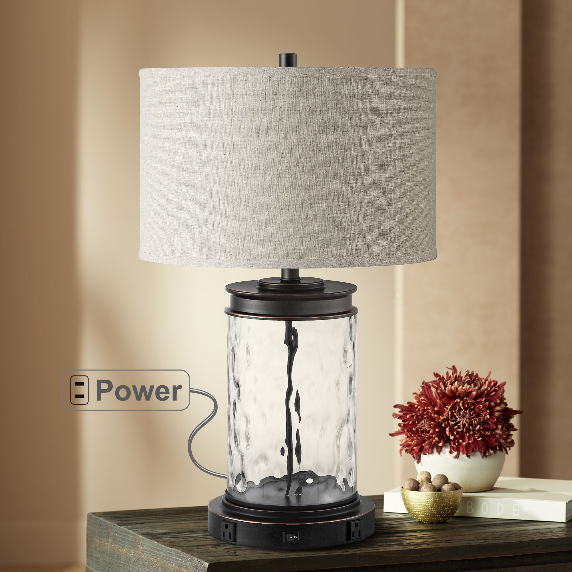 Weber Bronze and Water Glass Table Lamp with Outlets