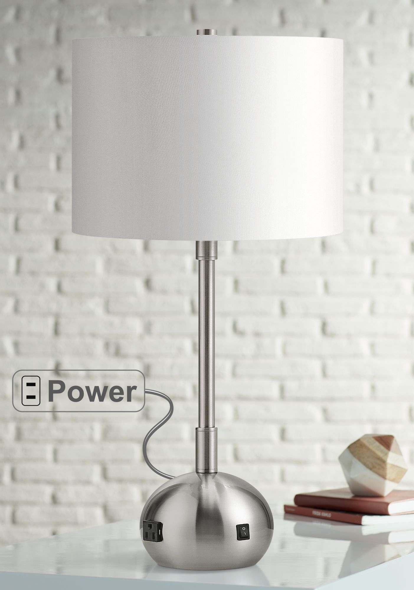 Lola Brushed Nickel Table Lamp with Base Utility Plug