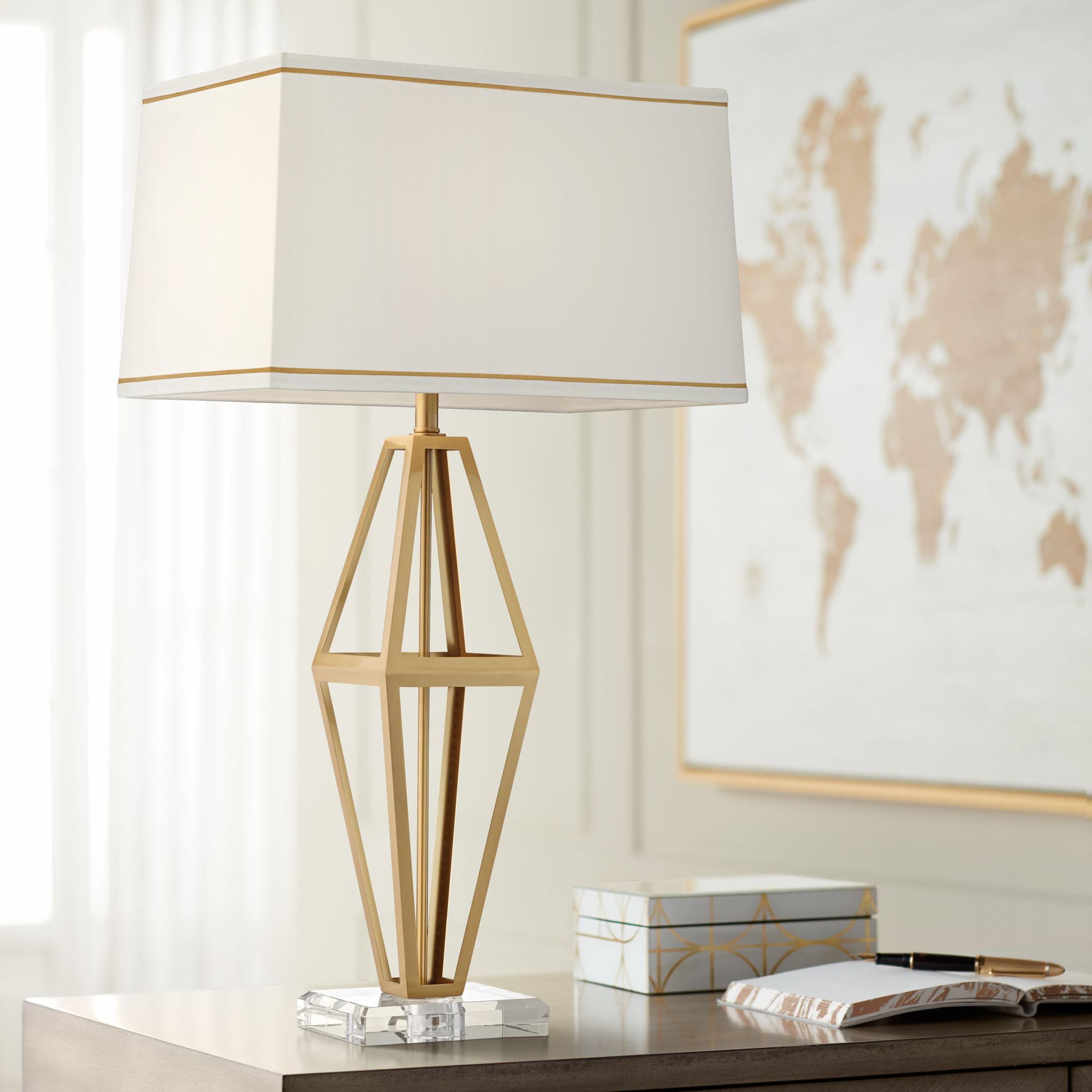 Ava Antique Plated Brass Open Triangular Metal Table Lamp