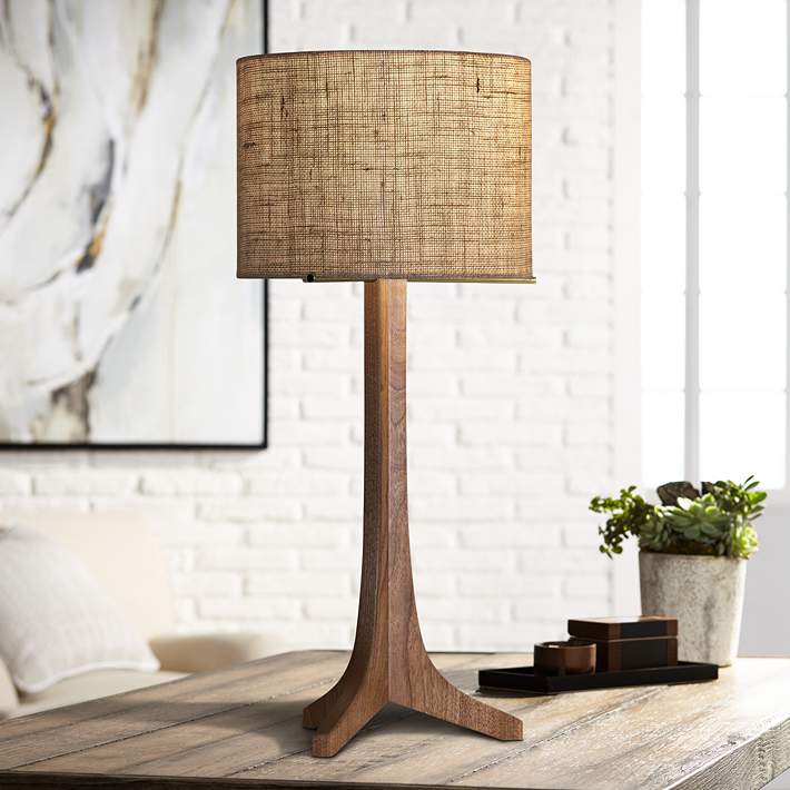 Cerno Nauta Walnut Wood Led Table Lamp, Standing Lamp With Burlap Shade