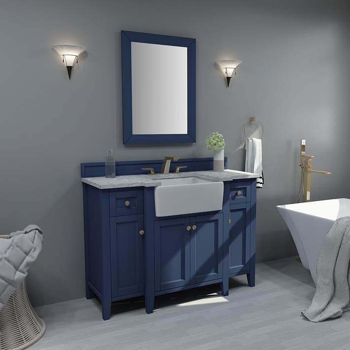 Adeline Heritage Blue 48 W White Marble, Farmhouse Sink Bathroom Vanity 48