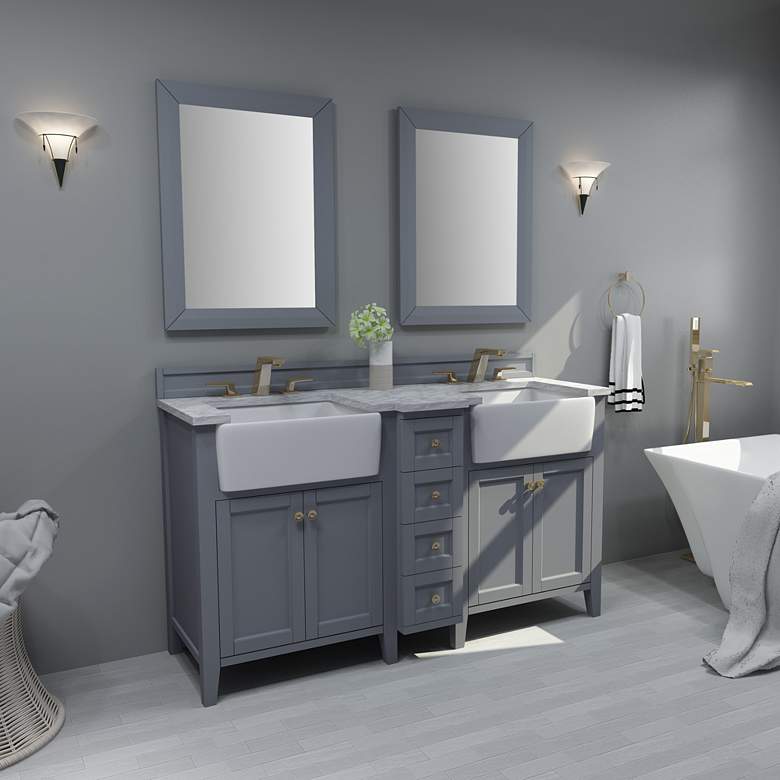 Adeline Sapphire Gray 60&quot;W White Marble Double Sink Vanity