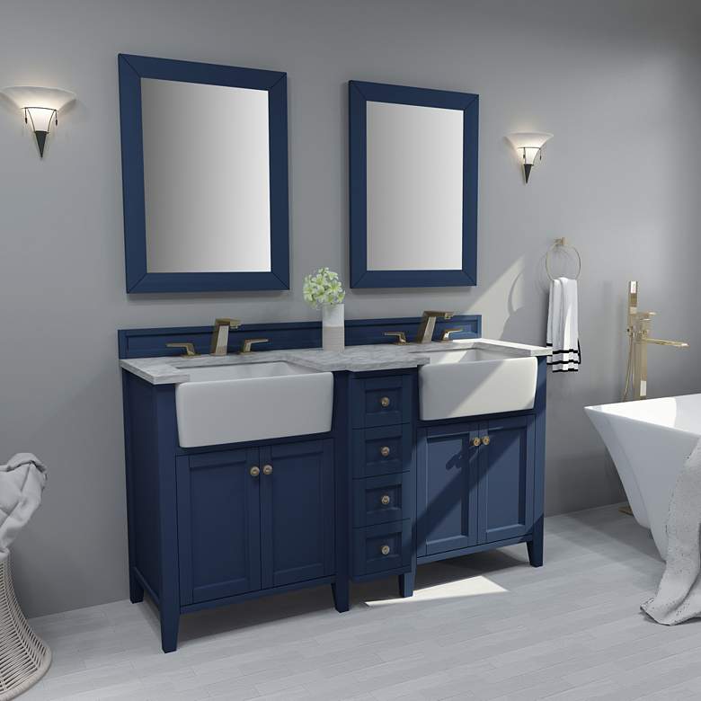 Adeline Heritage Blue 60&quot;W White Marble Double Sink Vanity