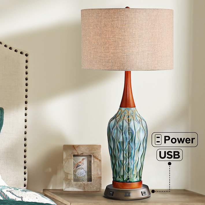 Rocco Blue Ceramic Table Lamp With Usb, Narrow Base Table Lamp