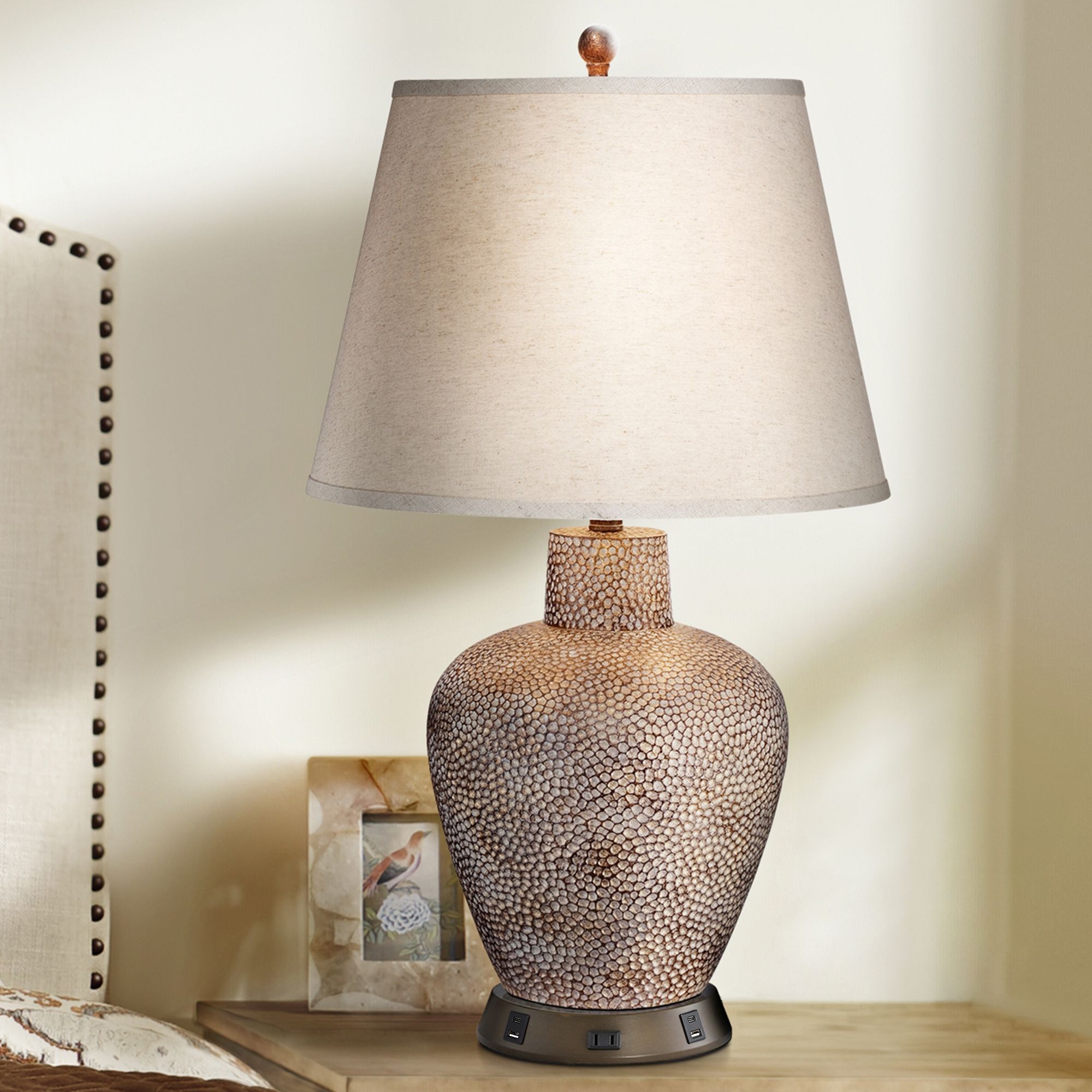 Bentley Brown Hammered Pot Table Lamp with USB Workstation Base
