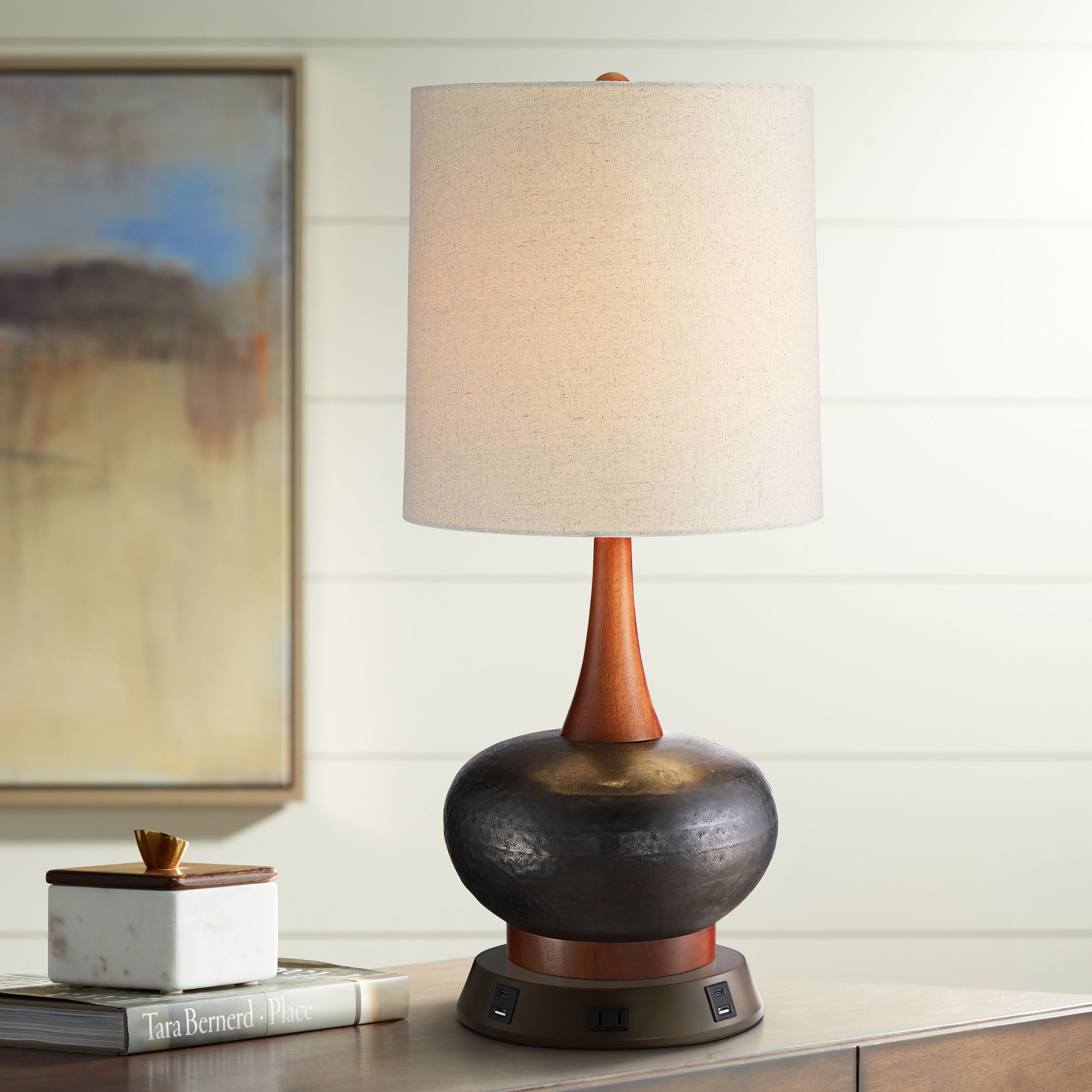 Andi Ceramic and Wood Table Lamp with USB Workstation Base