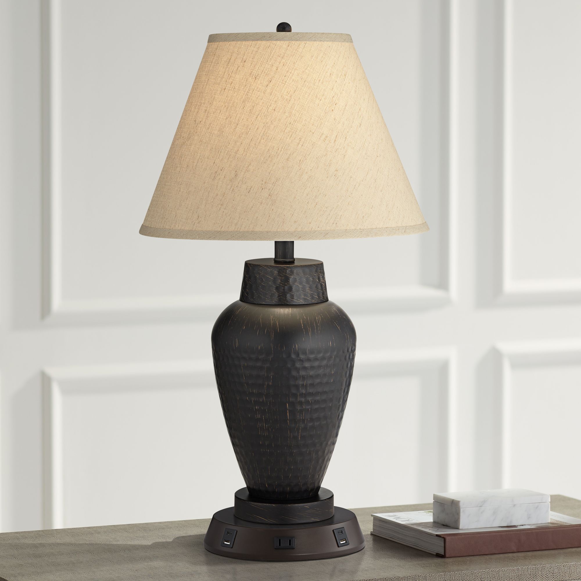 Auburn Hammered Bronze Table Lamp with USB Workstation Base