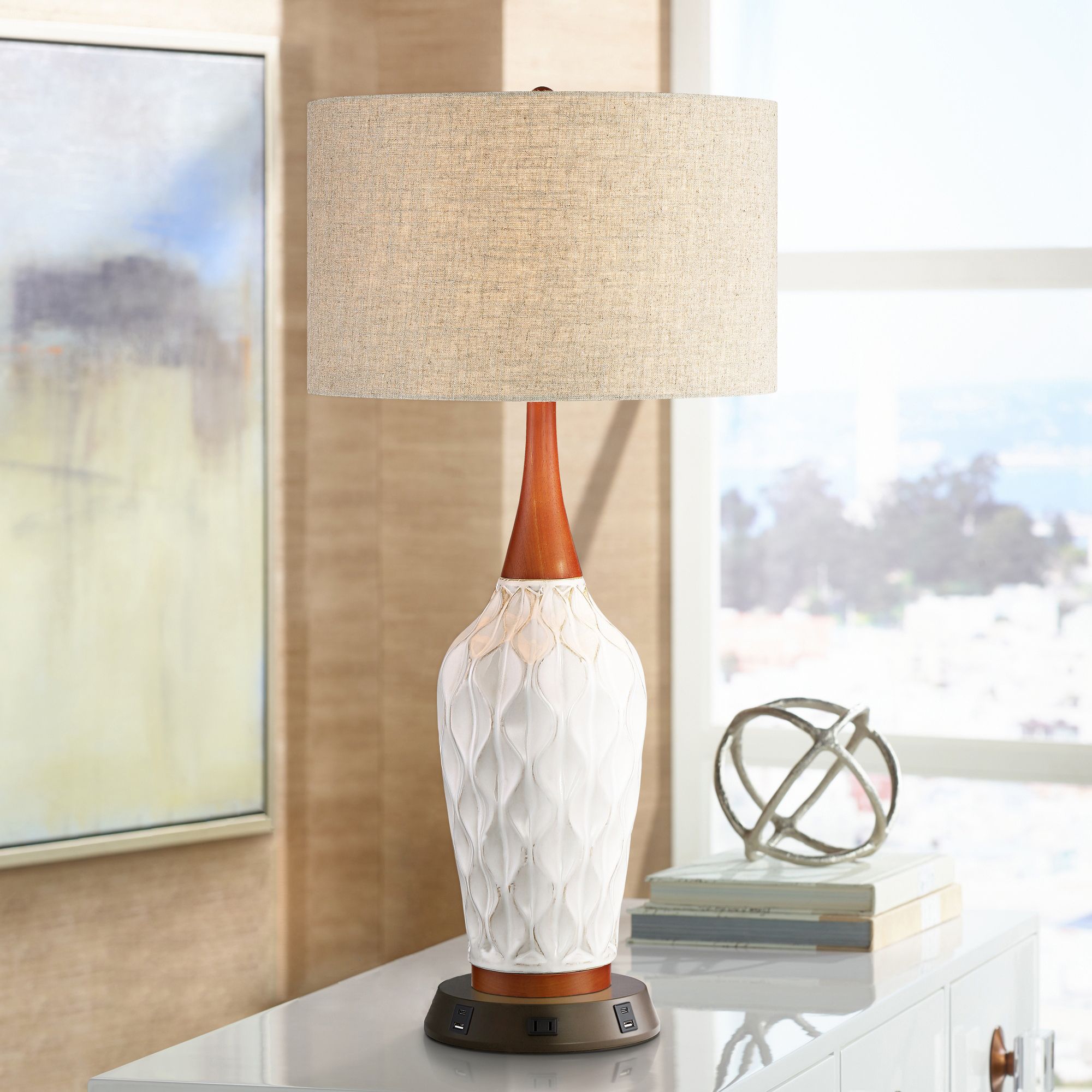 Rocco White Ceramic Table Lamp with USB Workstation Base