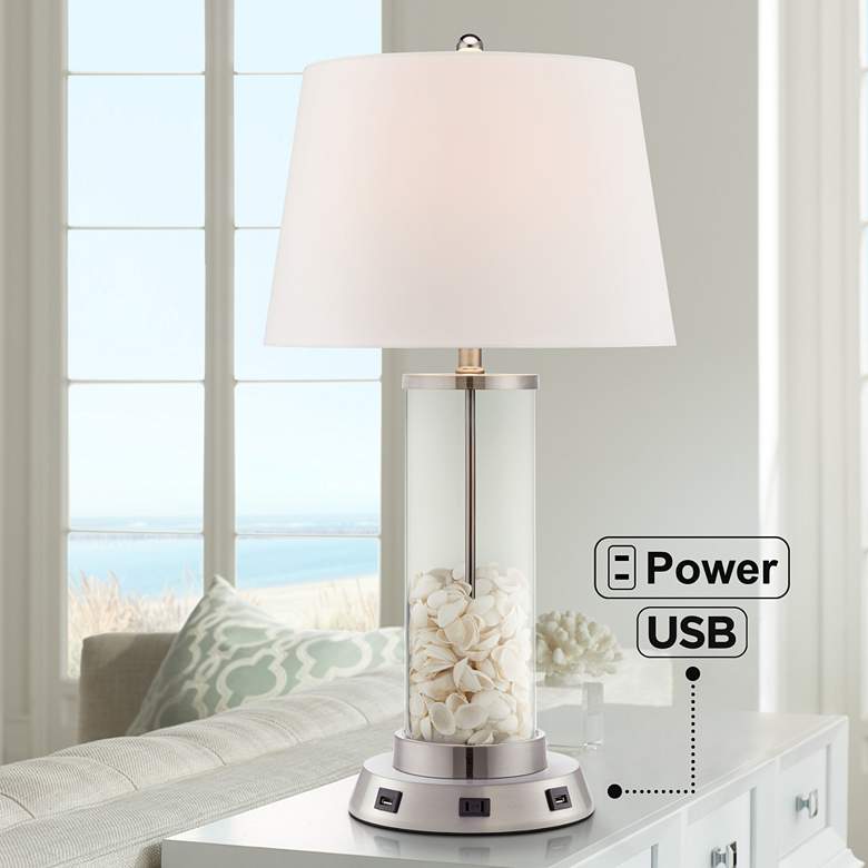 Steel Cylinder Fillable Glass Table Lamp w/ USB Workstation Base