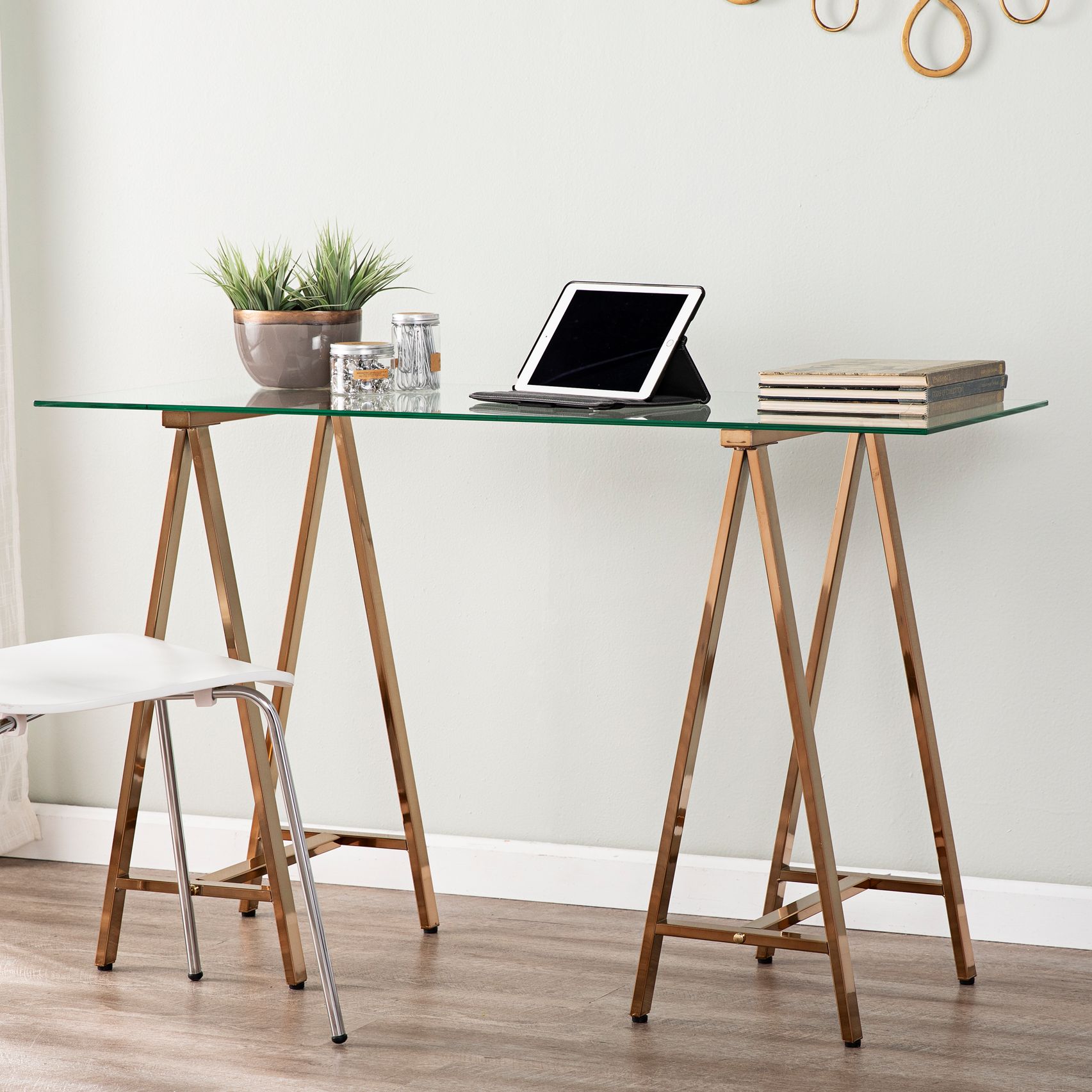 Needham 47 1 4 Wide Glass And Gold A Frame Sawhorse Desk 69e88