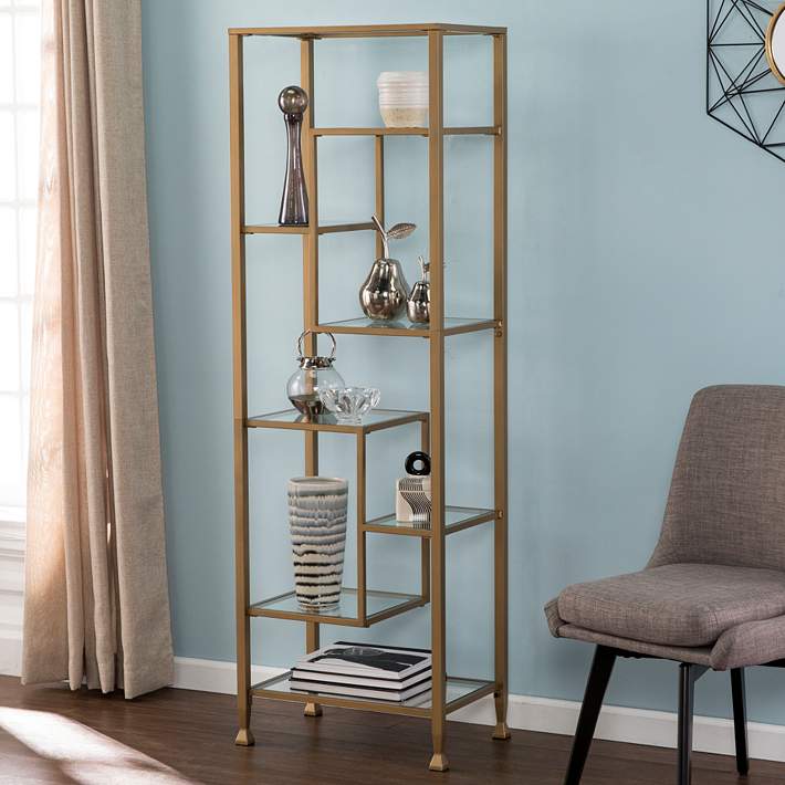 Jaymes 68 High Glass And Gold Asymmetrical 7 Shelf Etagere