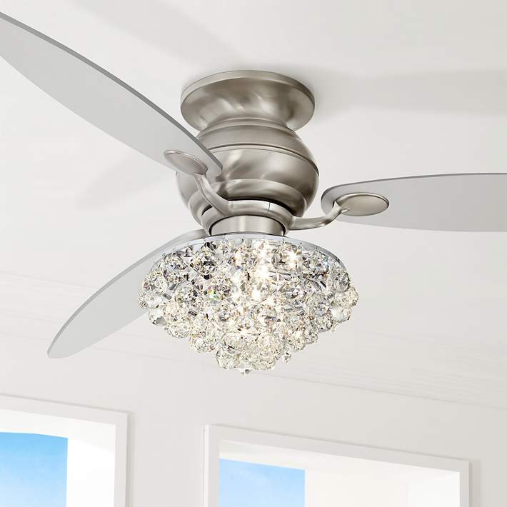 60 Der Brushed Nickel Crystal Hugger Led Ceiling Fan 69g37 Lamps Plus - Flush Mount Ceiling Fans With Crystal Lights