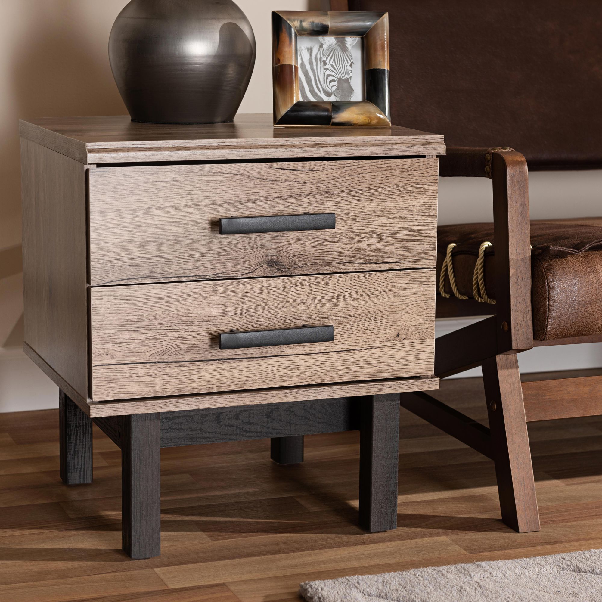 Arend 19" Wide Oak Brown and Ebony Wood 2-Drawer End Table
