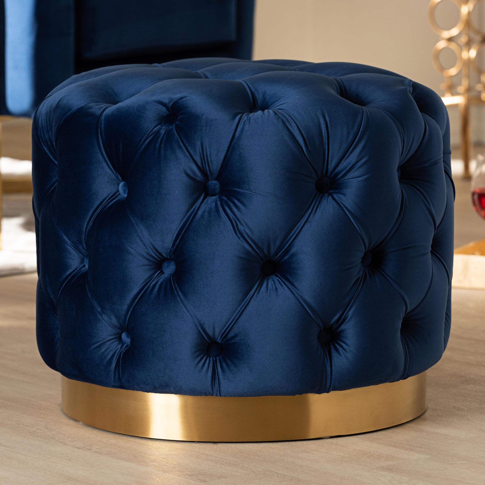 Baxton Studio Valeria Glam Royal Blue Velvet Tufted Ottoman