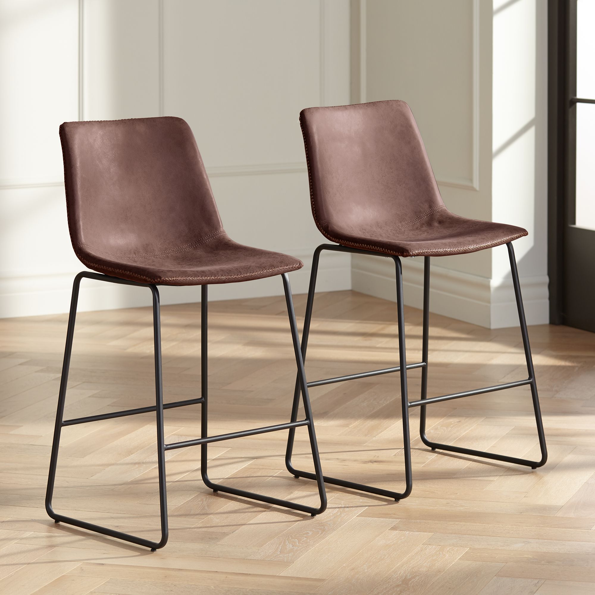 Cal 26" Brown Faux Leather Counter Stools Set of 2 69K10 Lamps Plus