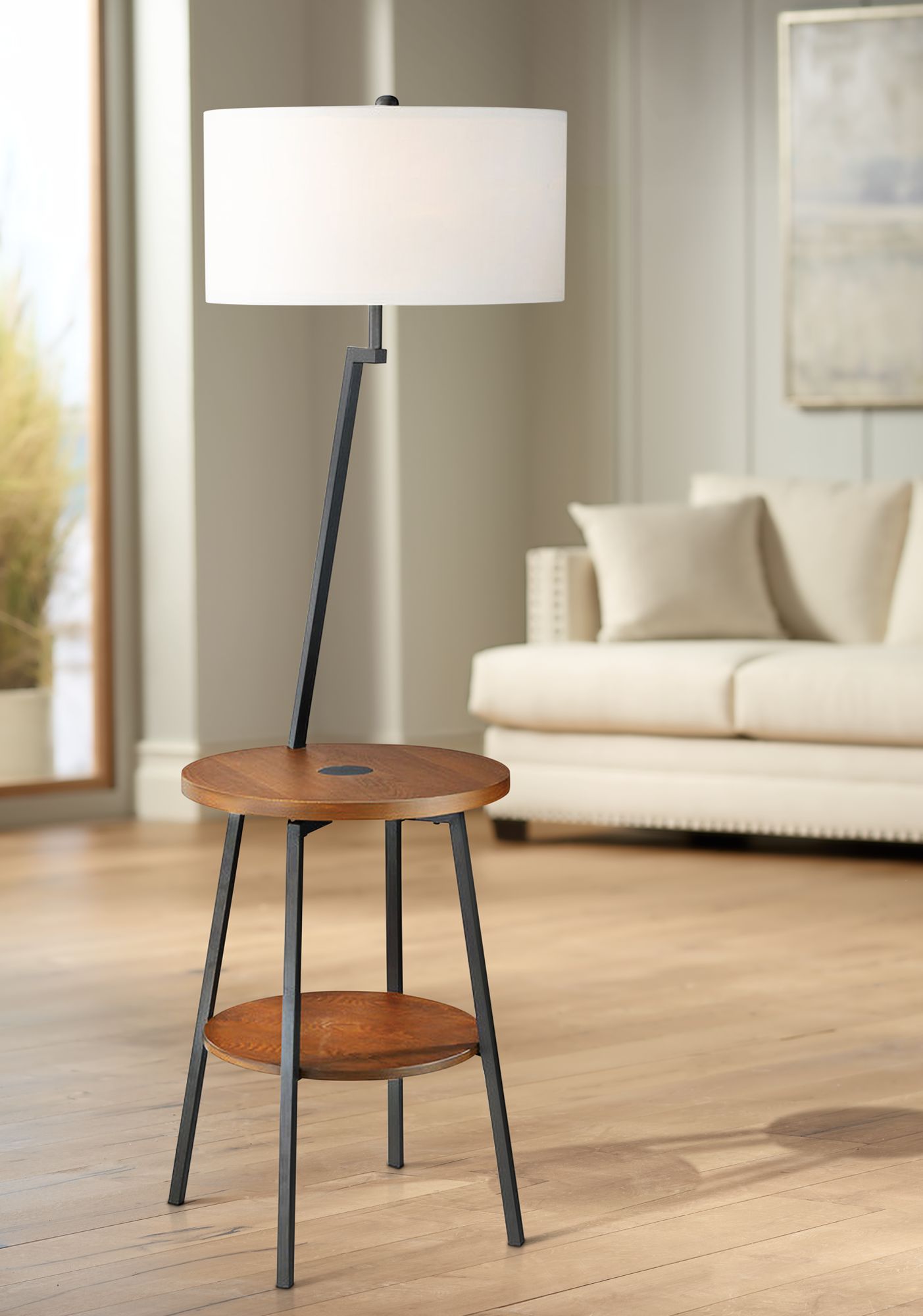 Lemington Black End Table Floor Lamp with White Shade