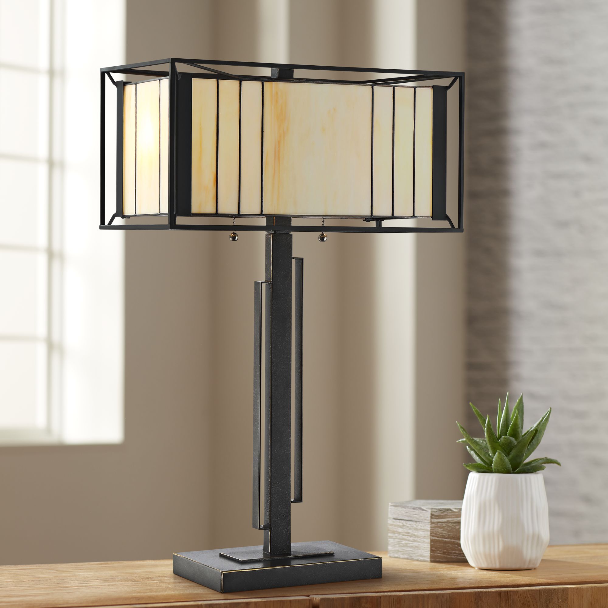 Lite Source Lanton Dark Bronze Tiffany Art Glass Table Lamp