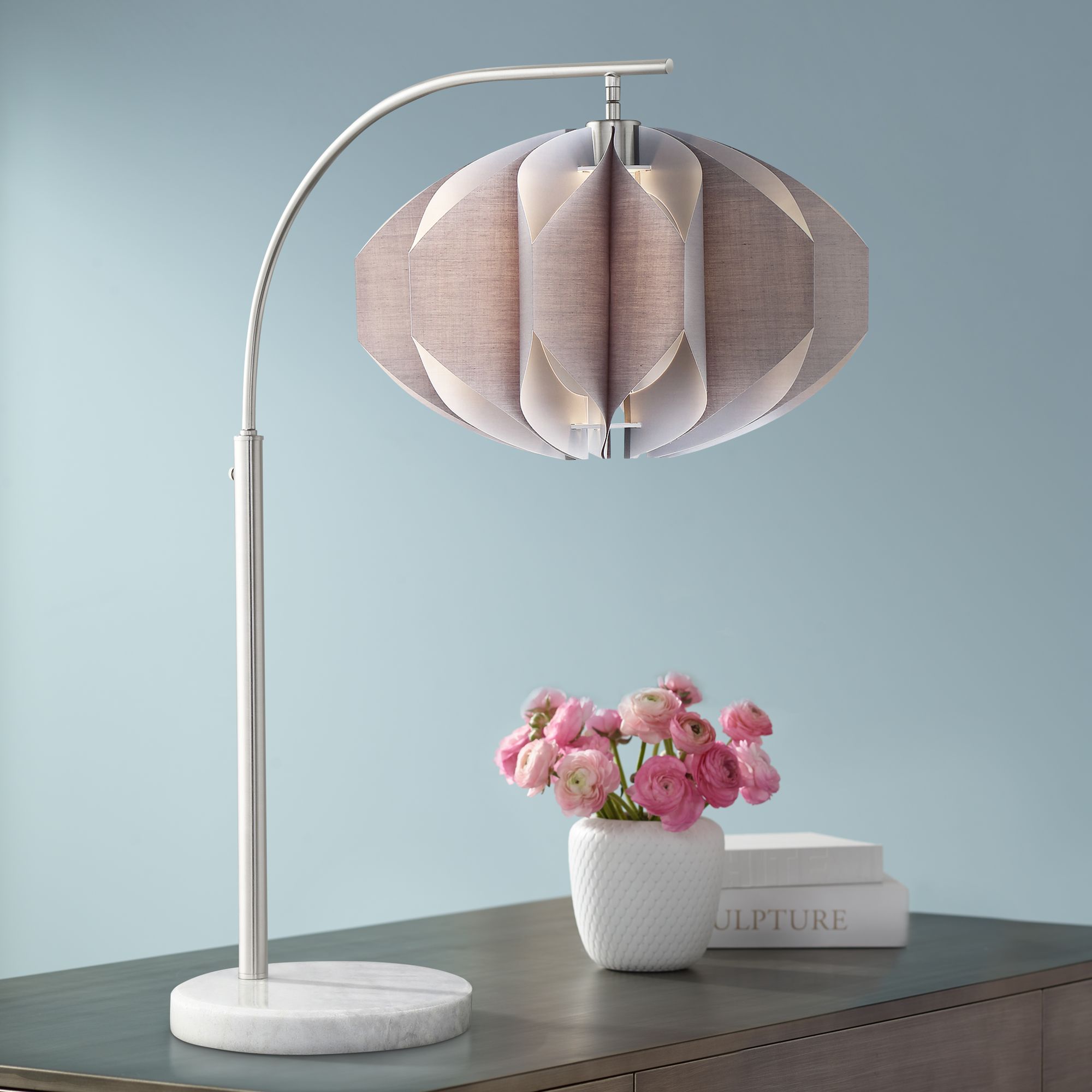 Lite Source Reina Brushed Nickel Arc Desk Lamp w/ Gray Shade 69T75