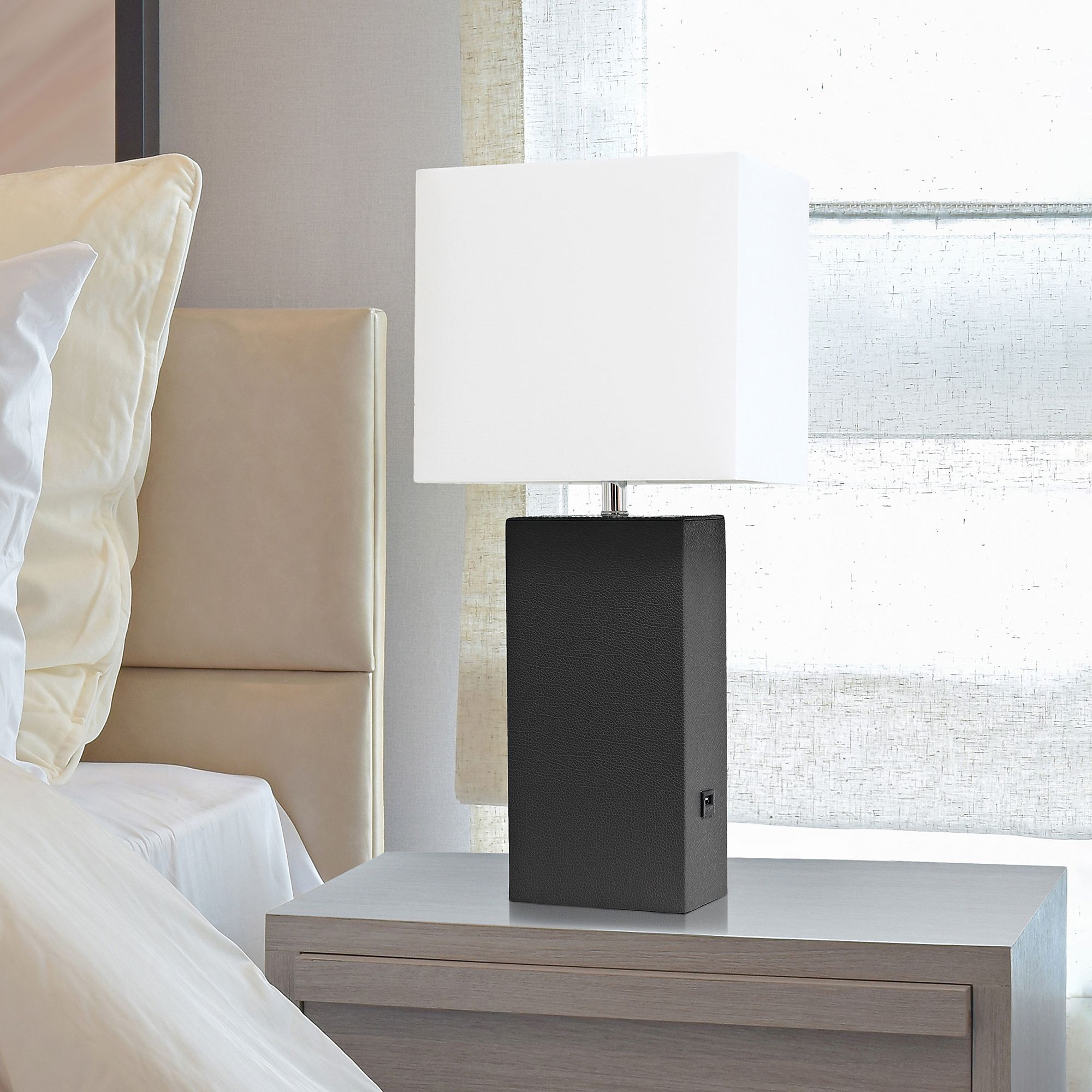 Elegant Designs Black Leather Accent Table Lamp with USB Port
